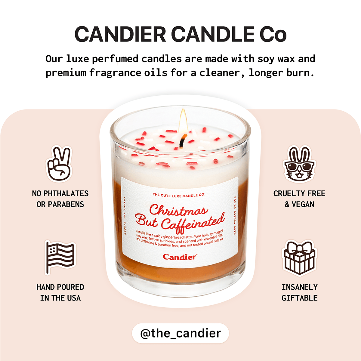 Candier Christmas But Caffeinated candle info card — cute coffee candle gift idea for Christmas, hand-poured in the USA with festive latte scent.