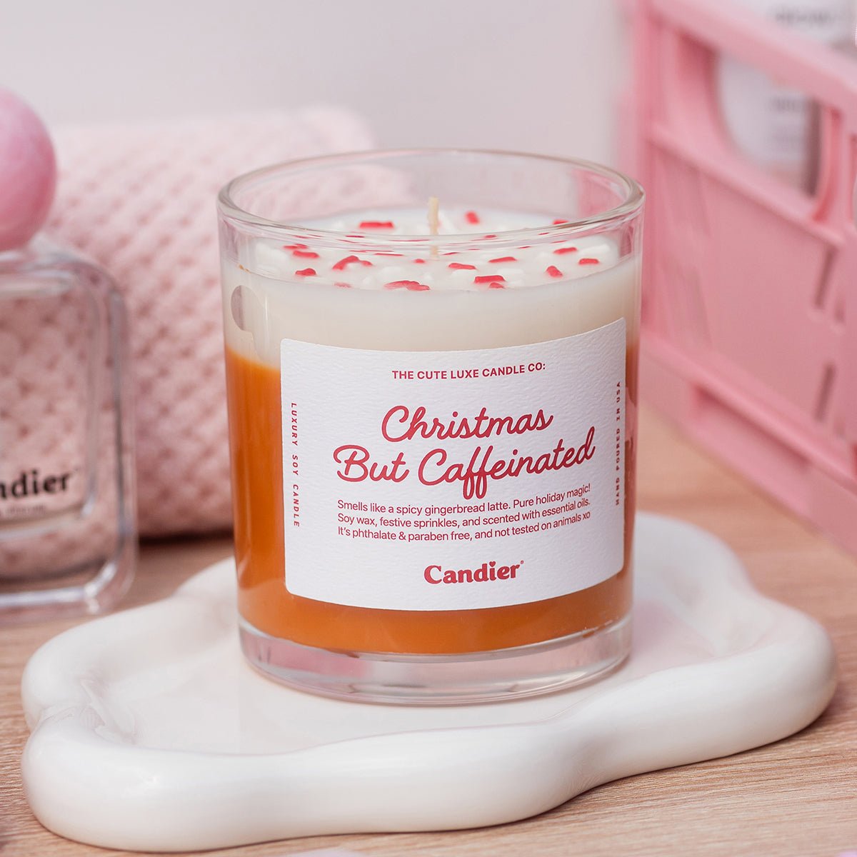 Candier Christmas But Caffeinated Candle styled on tray — coffee lover’s Christmas gift, cozy gingerbread latte fragrance with sweet cinnamon and vanilla notes.