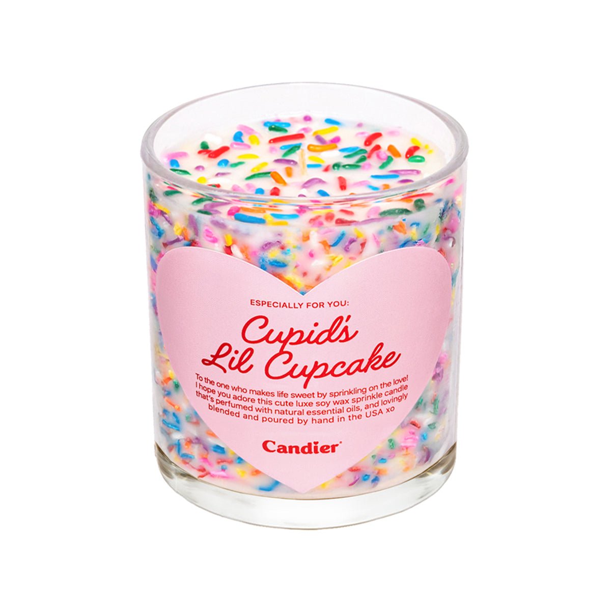 Candier Cupid’s Lil Cupcake Valentine candle with vanilla cupcake scent and colorful sprinkle wax in a clear glass jar, a romantic candle gift for her