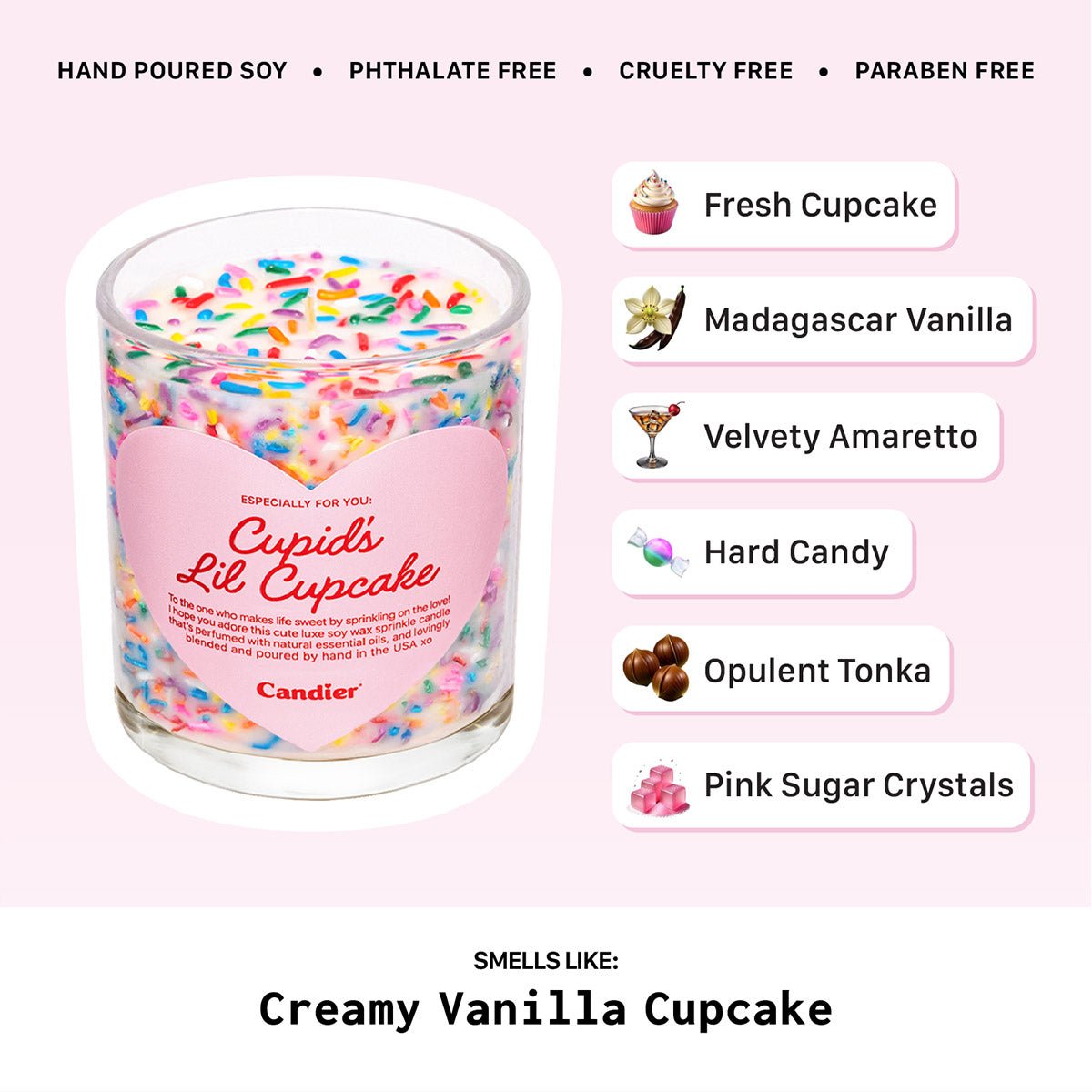 Candier Cupid’s Lil Cupcake vanilla cupcake candle fragrance notes, a romantic Valentine candle with buttercream, vanilla, and frosted cupcake scent