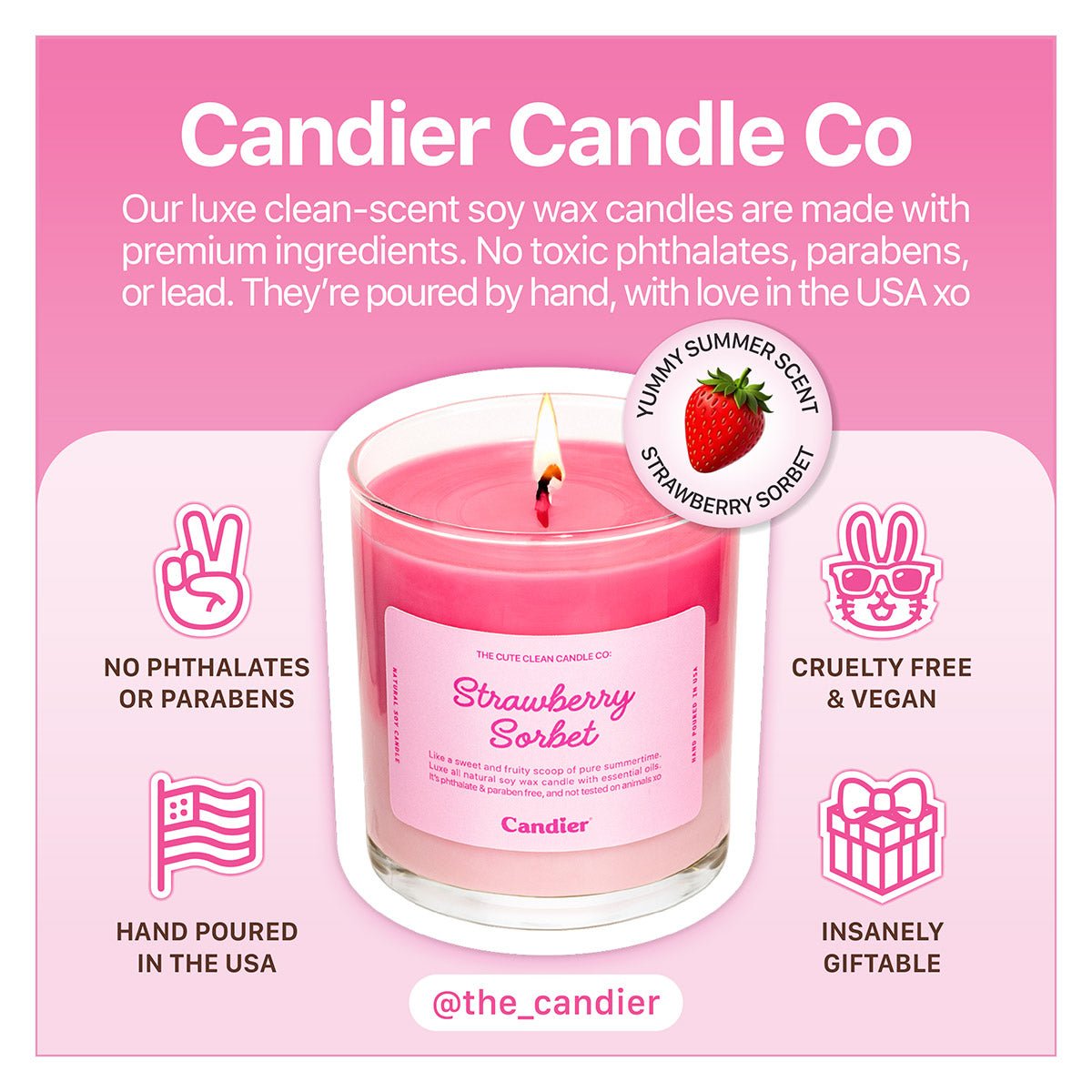 Cute candle STRAWBERRY SORBET by candier. Pink dessert candle with best summer scents
