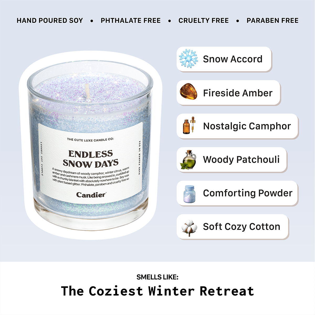 Snow accord, fireside amber, cozy cotton notes—pretty candles from one of the best candle brands; ideal for gift suggestions for Hanukkah and 12 days of Christmas gifts.