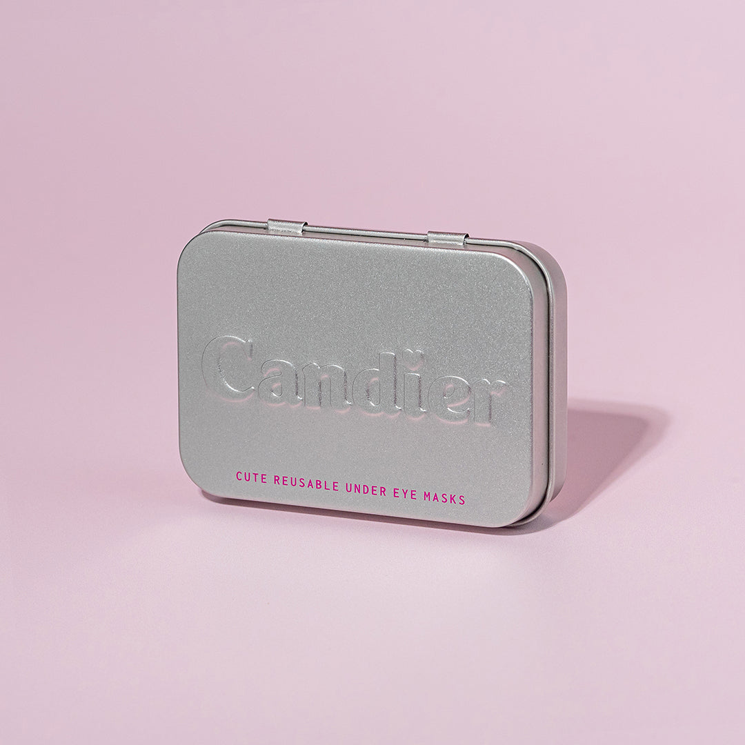 Candier reusable eye mask tin case in soft girl aesthetic pink setting – cute under eye patch container for reusable eye masks, great gift for her or friends