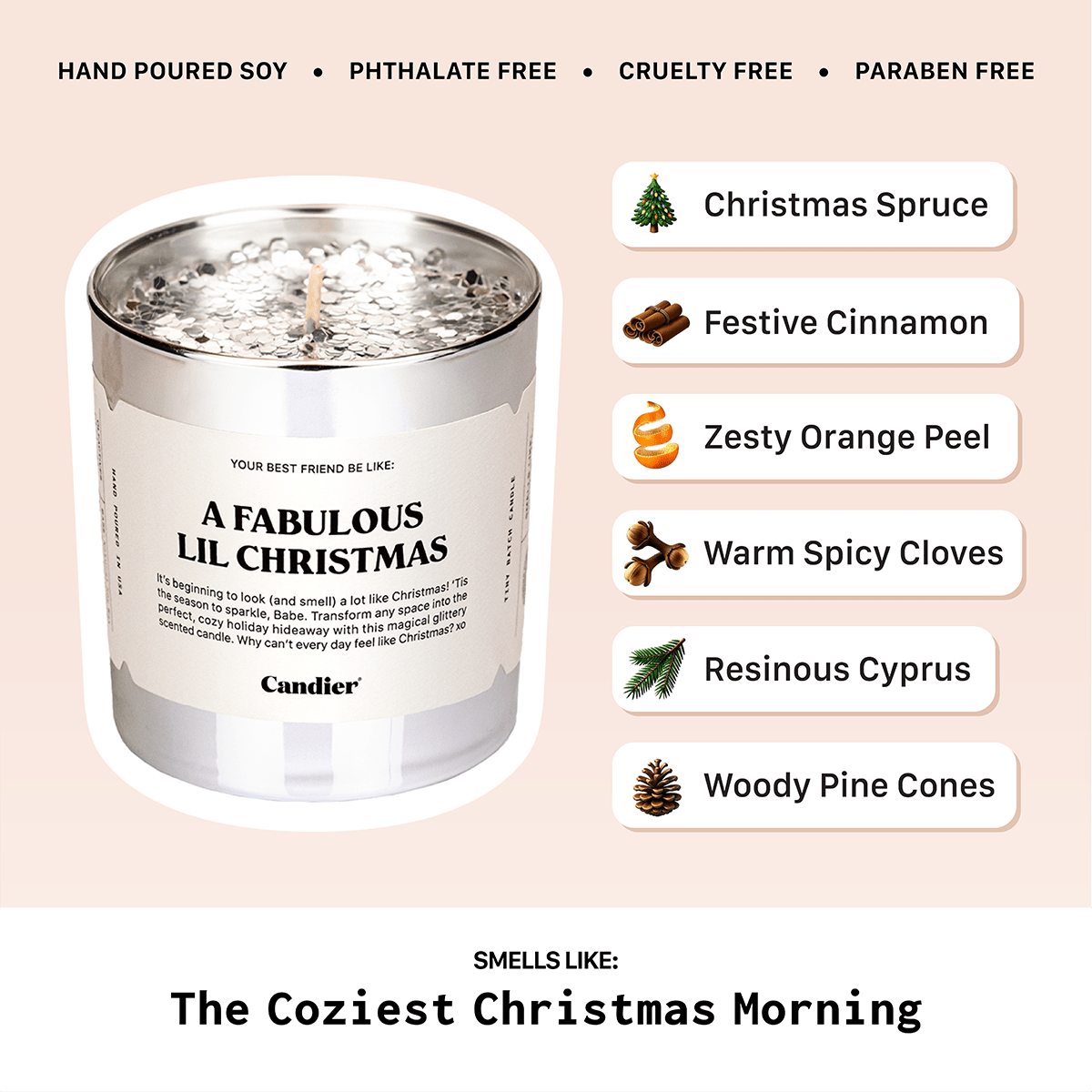 Scent notes for Fabulous Lil Christmas (evergreen, spice, cozy woods) — bright christmas tree candles / christmas scented candles for gifting.