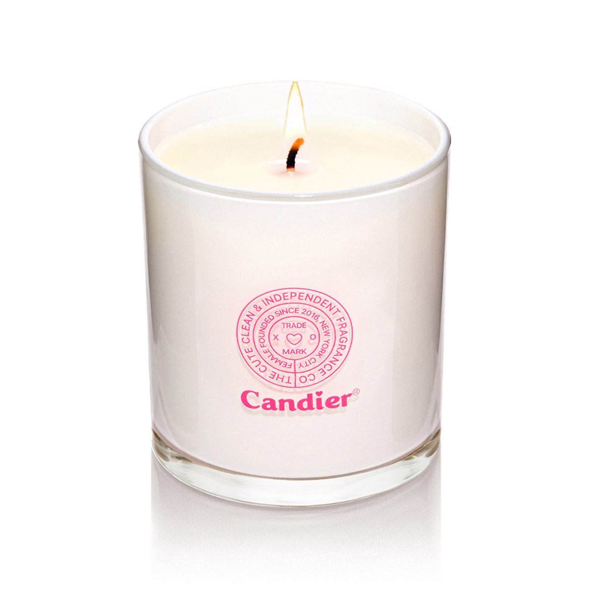 Back view of Candier Cereal Milk Candle. A lux candle with fruit loop vibes that belongs in soft girl aesthetic spaces and cute room decor.