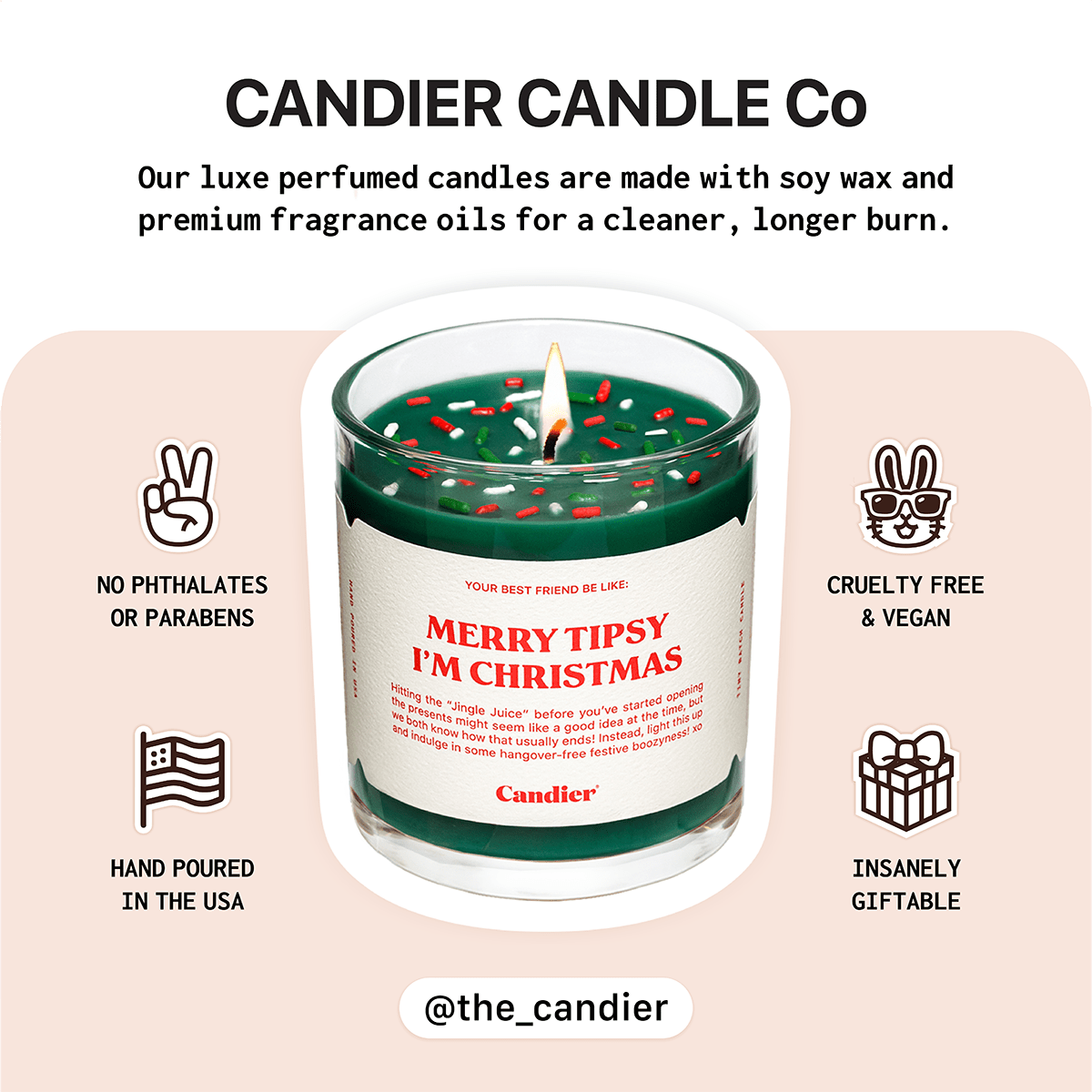 Candier info card — clean, hand-poured soy; recognized among the best candle brands; festive Christmas candles for gifting.