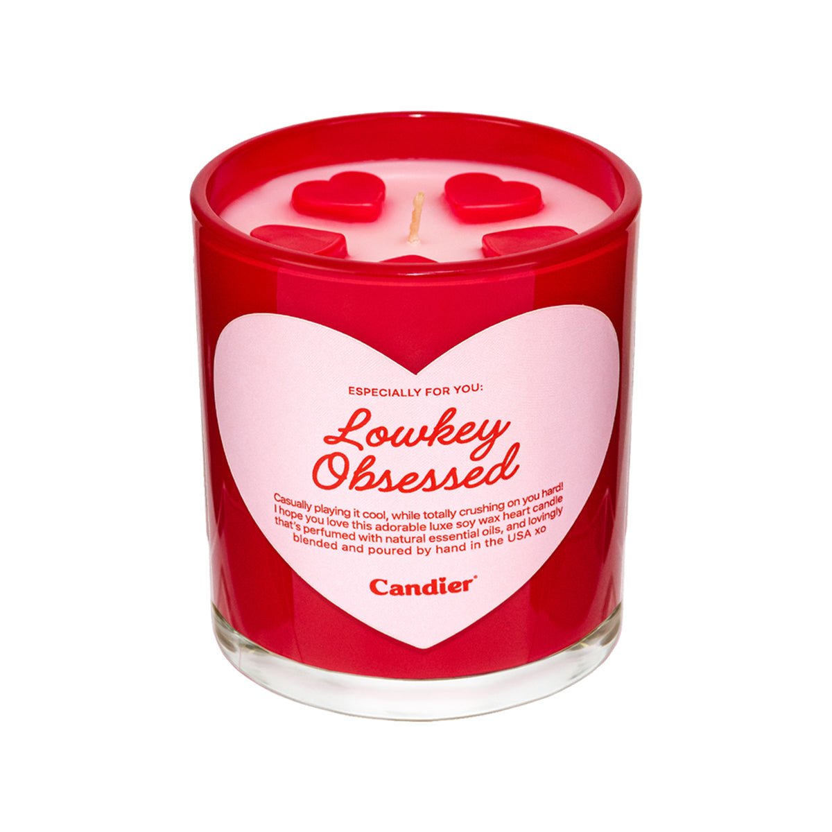 Candier Lowkey Obsessed Valentine candle with fruity gourmand scent and molded wax hearts, a romantic candle and love candle gift for her