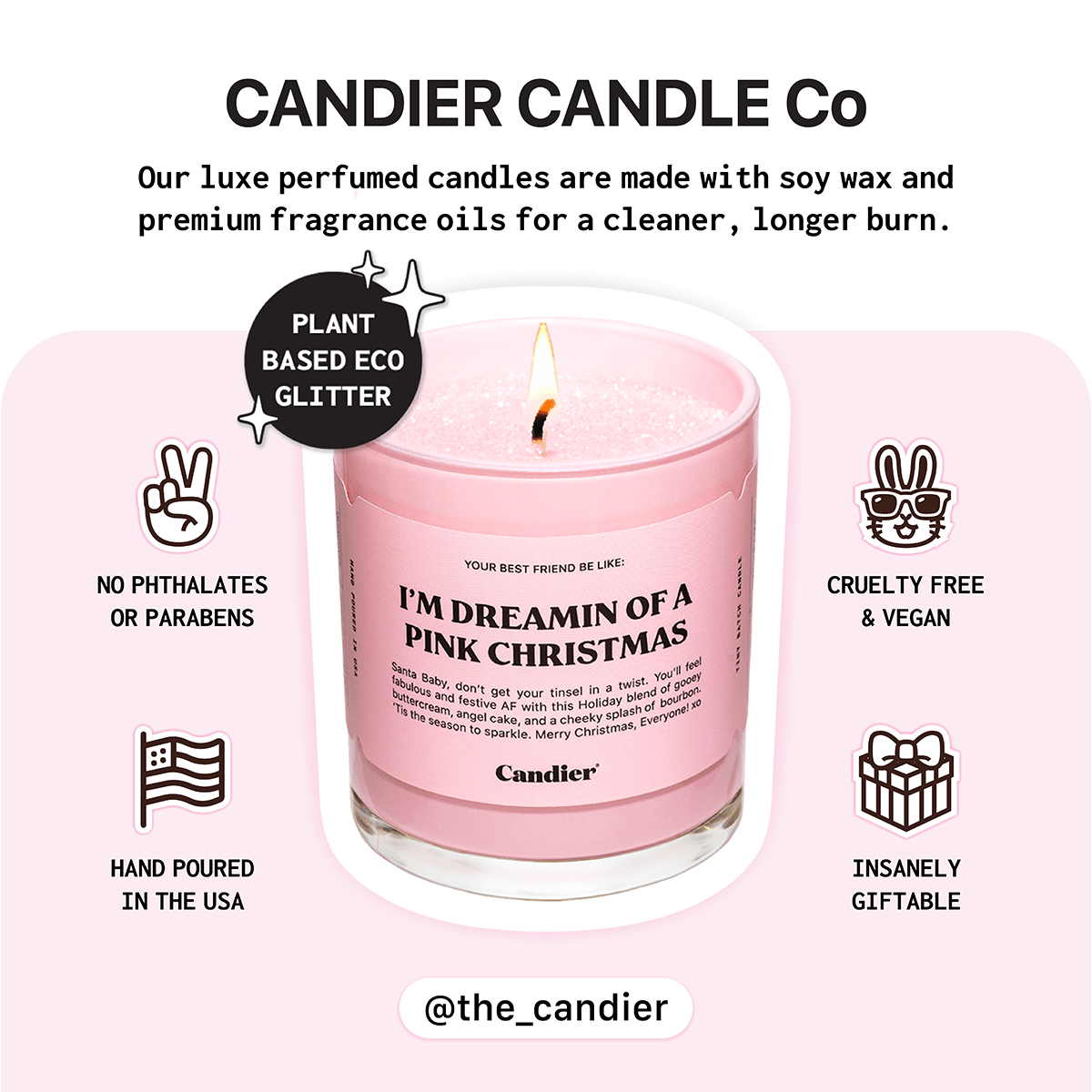 Candier info card highlighting clean, cruelty-free, hand-poured soy wax ā part of the best candle brands for luxe aesthetics and gifting.