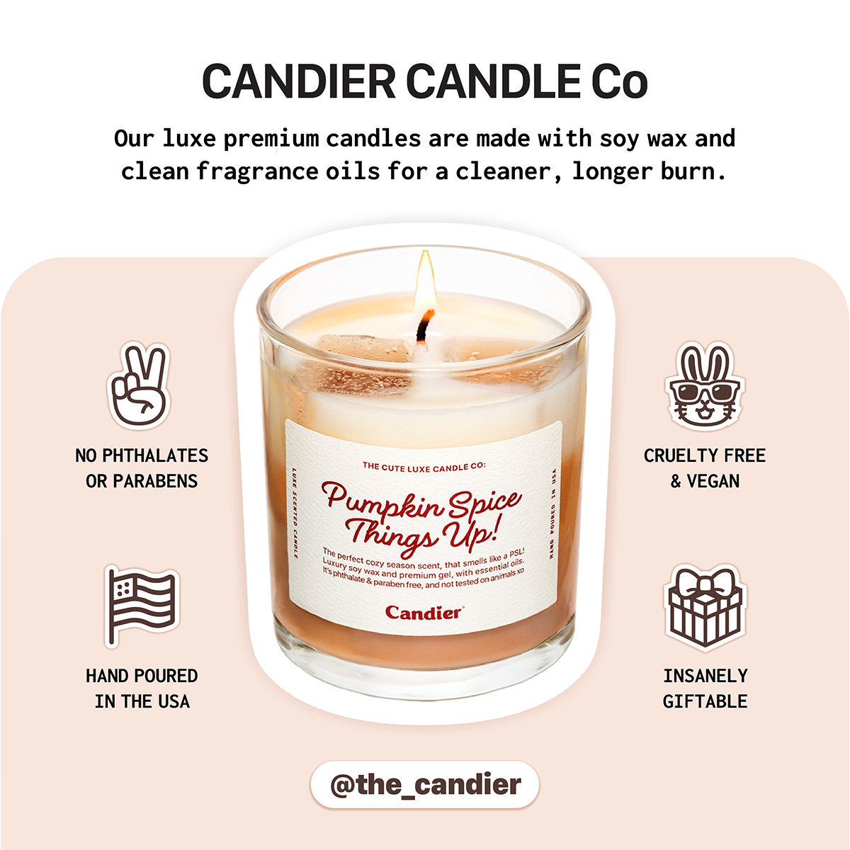 Candier luxe pumpkin spice latte candle with clean ingredients, premium soy wax, cruelty free and phthalate free cozy fall candle