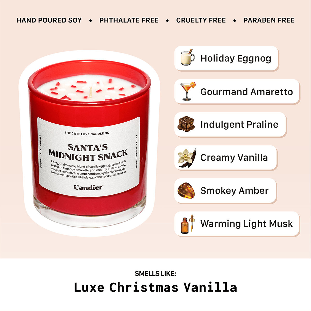 Luxe Christmas vanilla scent notes: holiday eggnog, amaretto, praline, creamy vanilla, amber, light musk ā Candier Christmas scented candles.
