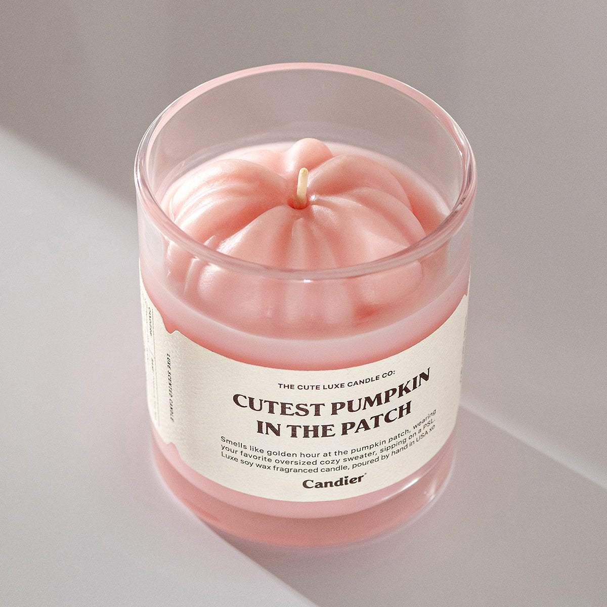 Candier Cutest Pumpkin in the Patch candle with sculpted wax topper. Non toxic fall candles, cozy cashmere candle vibes, and luxe aesthetics.
