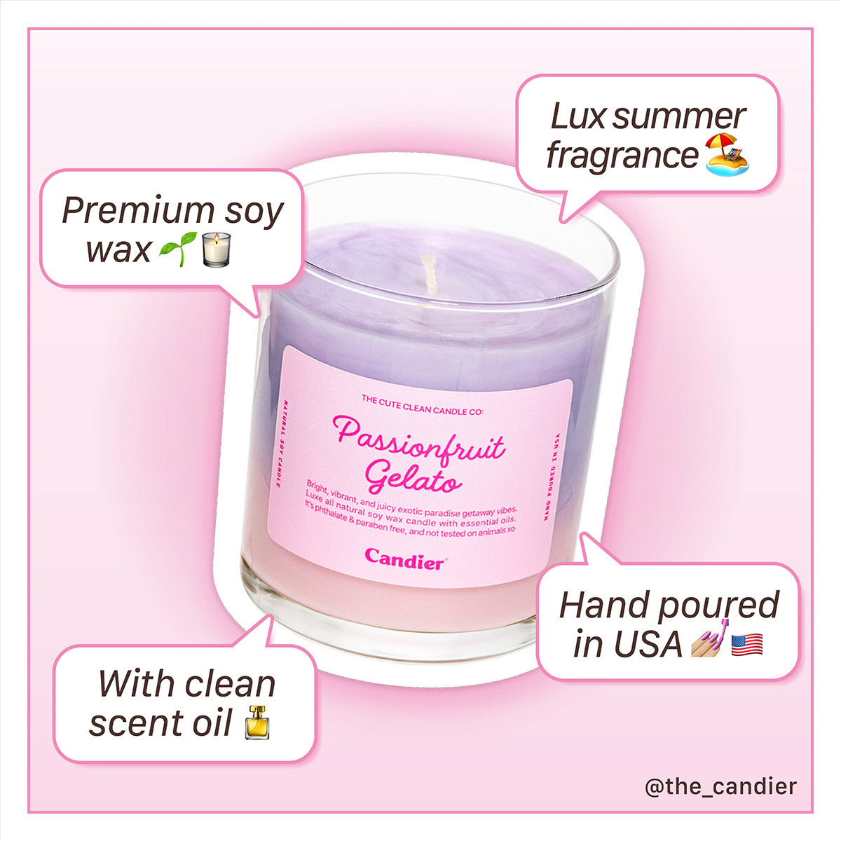 Candier clean-scent soy wax candle callout with premium ingredients, phthalate-free oils, and hand-poured in the USA.