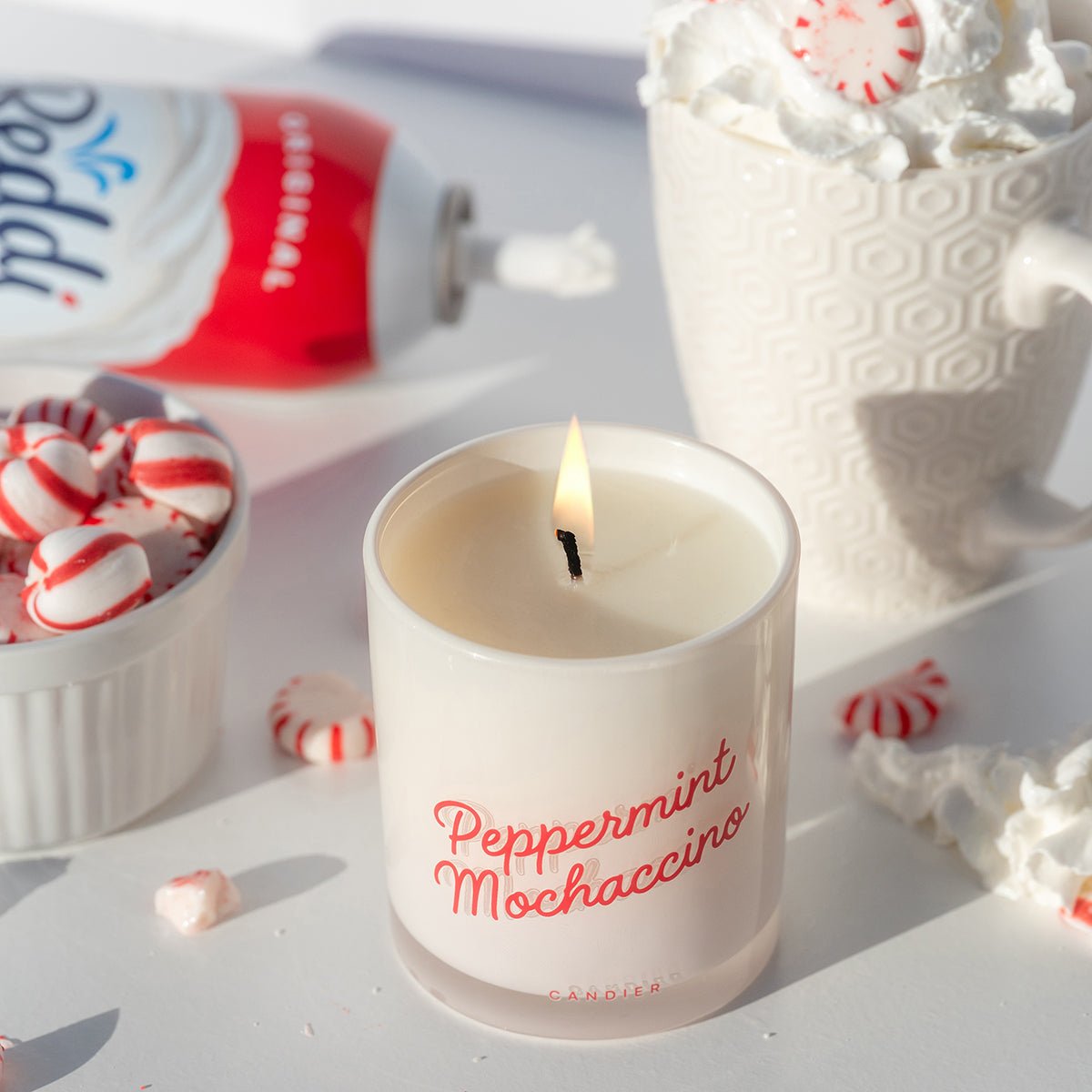 Cozy kitchen scene with Candier peppermint mocha candle—cute Christmas gifts for sisters and best Christmas gifts for mom.