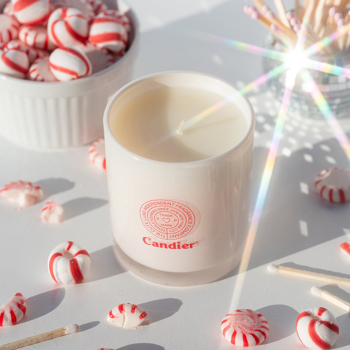Close-up of Candier peppermint mocha—sparkly cute candles for Christmas candles displays and Christmas gifts for friends
