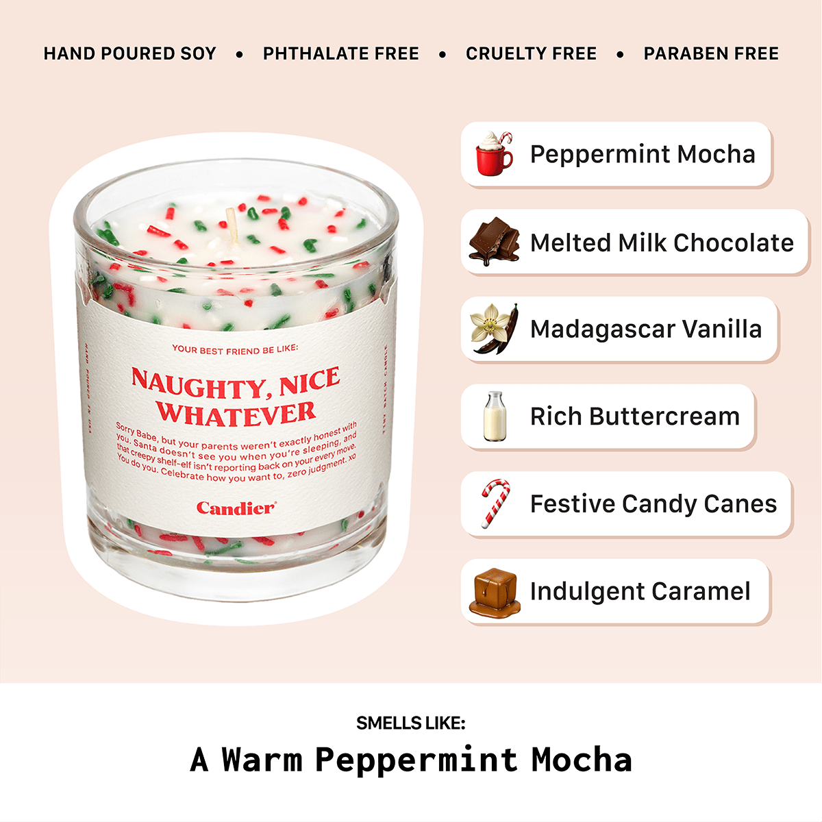Peppermint mocha scent notes (chocolate, vanilla, buttercream, candy cane, caramel)—Candier Christmas scented candles; gift ideas for teens.
