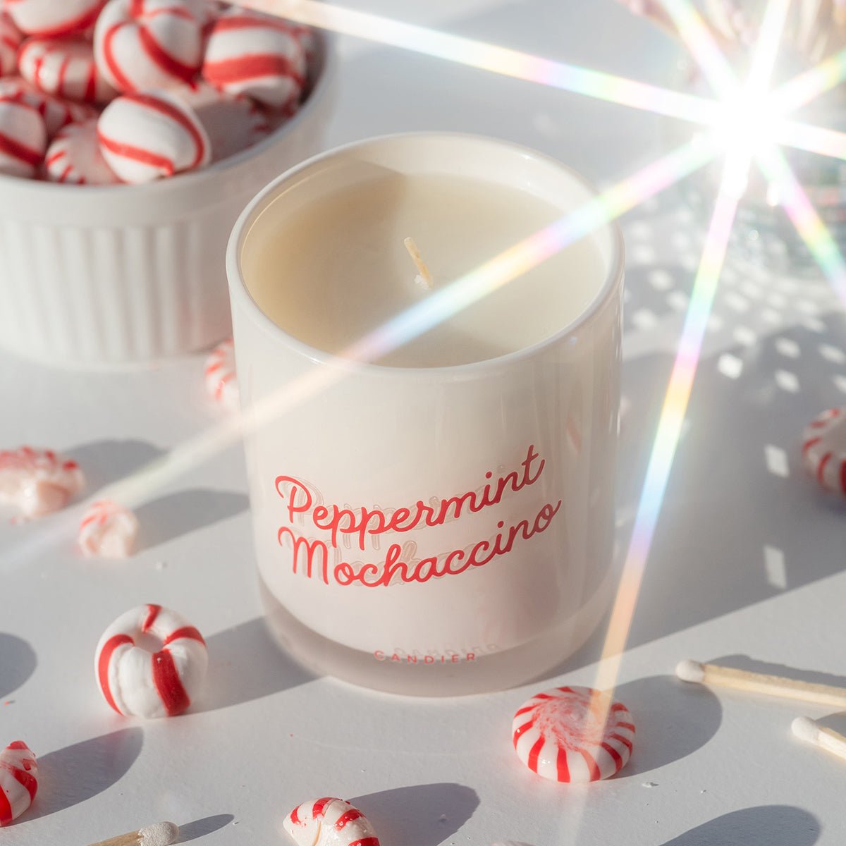 Candier Peppermint Mochaccino—festive Christmas scented candle with candy canes; cute Christmas gifts for friends and best Secret Santa gifts.