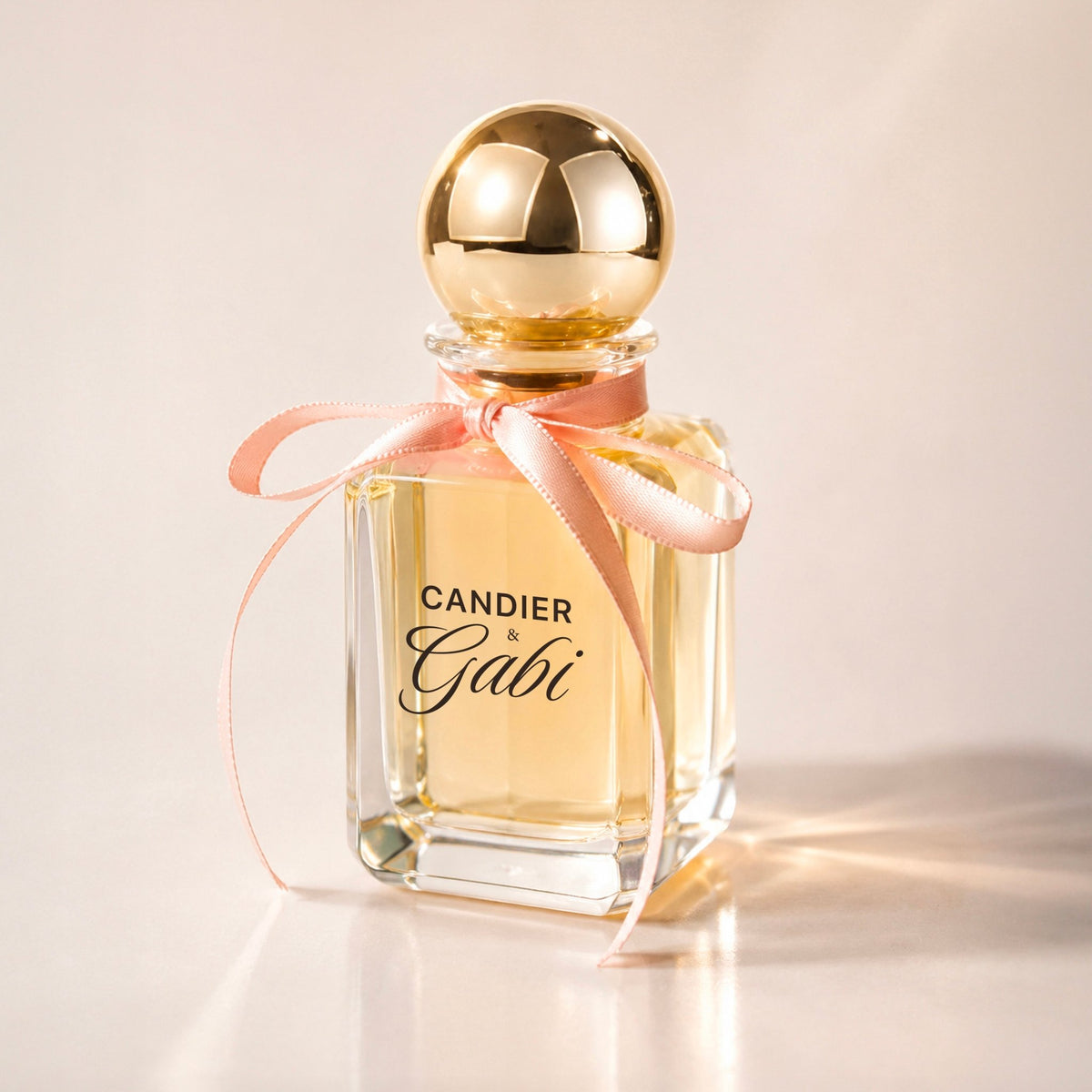 Front view of Candier x Gabi Pink Air perfume with a pink satin bow and spherical gold cap in warm studio lighting.