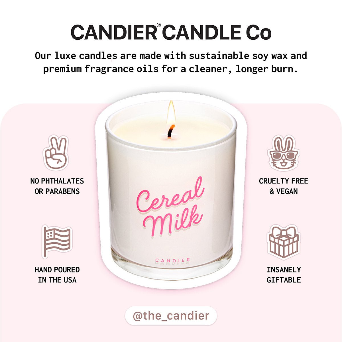 Pink aesthetic Candier Cereal Milk Candle with luxe details. This cereal candle is cruelty free, phthalate free, and one of the best cute candles for teen girls.