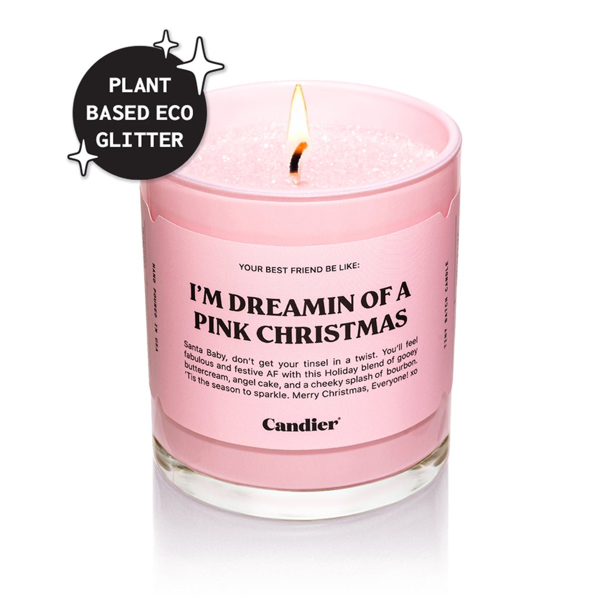 Front view of Candier pink Christmas candle with plant-based eco glitter â a cute candle and pretty gift for soft-girl aesthetic holiday decor.