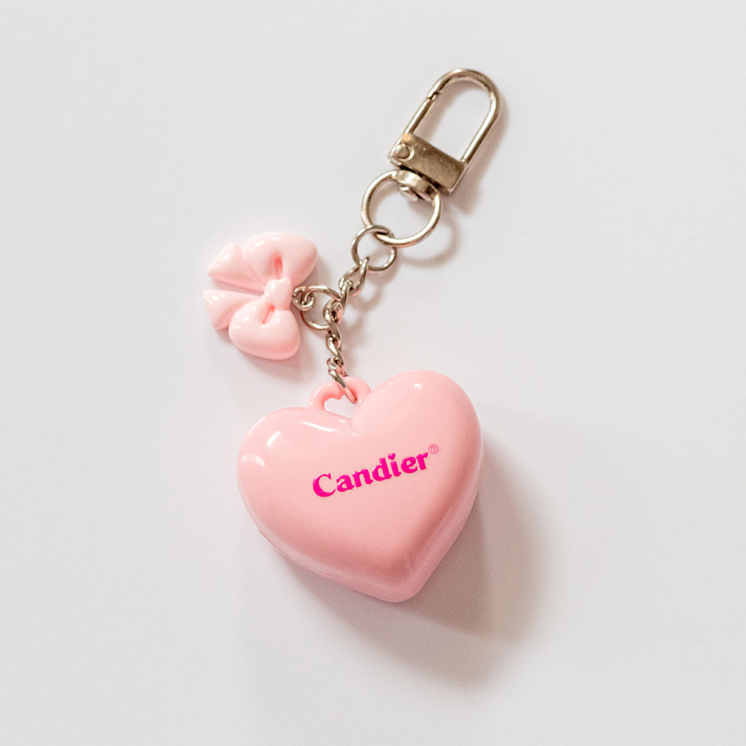 Pink heart locket keychain closed with Candier logo – cute lip balm and compact mirror combo