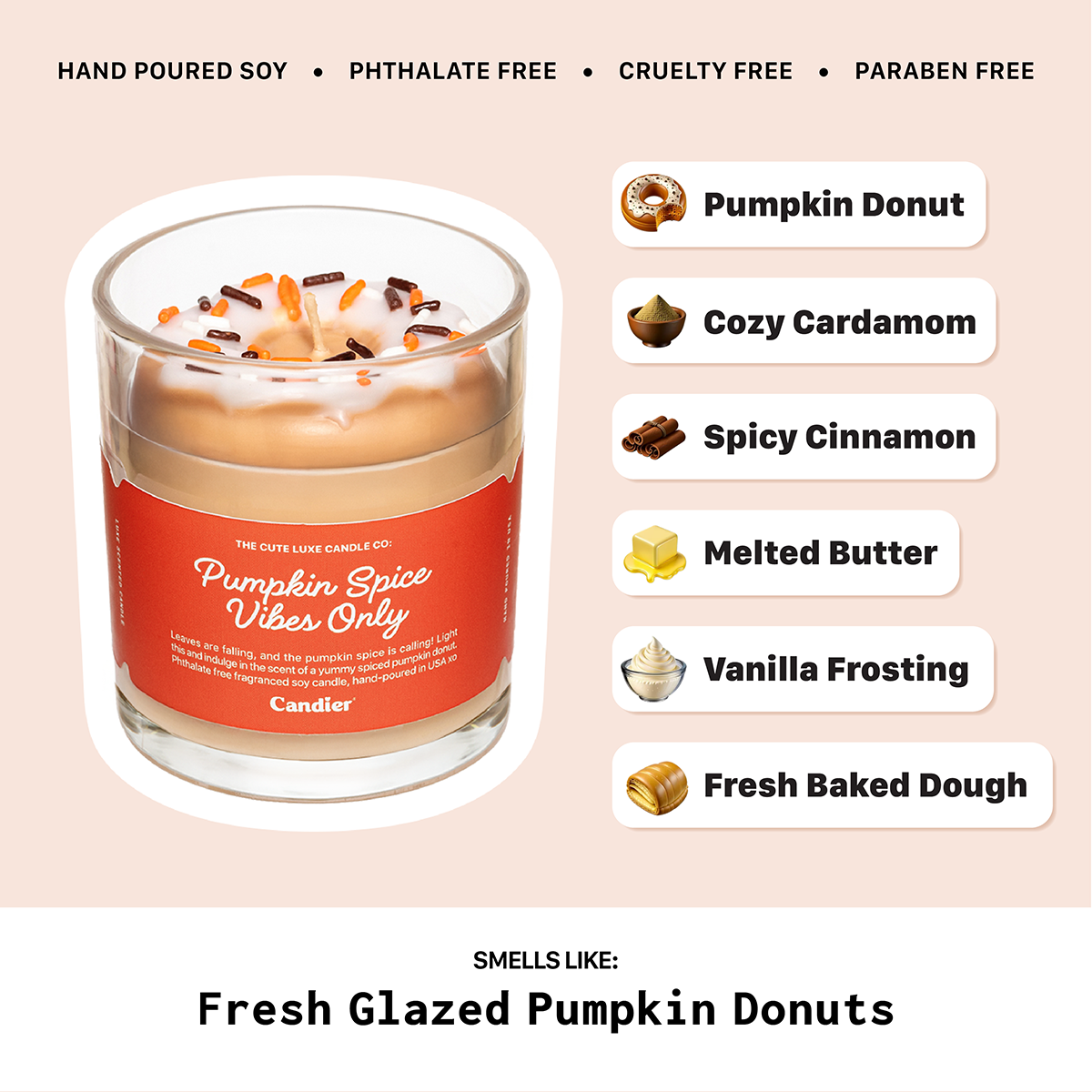 Candier pumpkin spice vibes only candle scent profile with pumpkin donut, cinnamon, butter, vanilla, and baked dough notes