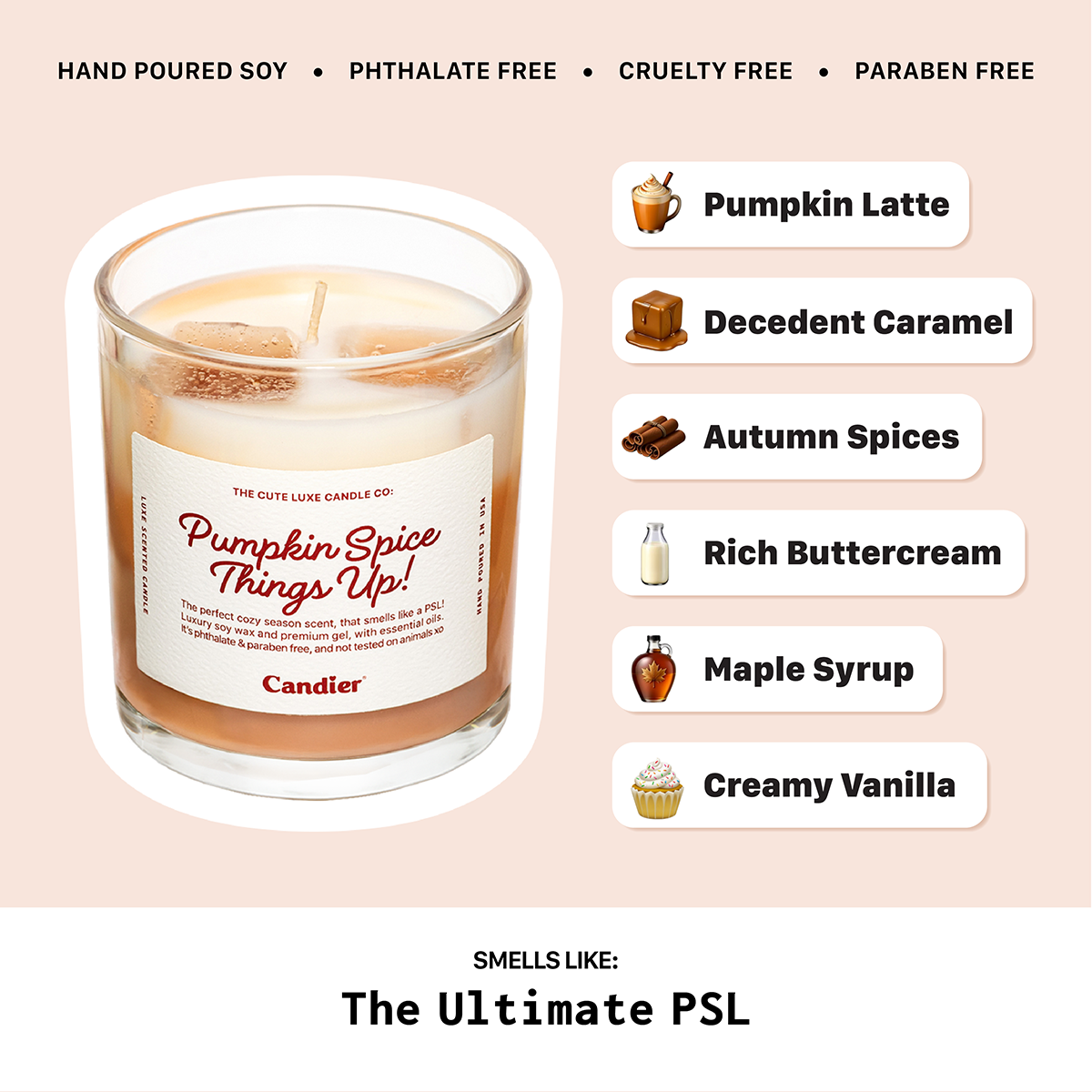 Candier pumpkin spice latte candle scent notes including pumpkin latte, caramel, autumn spices, maple syrup and creamy vanilla.