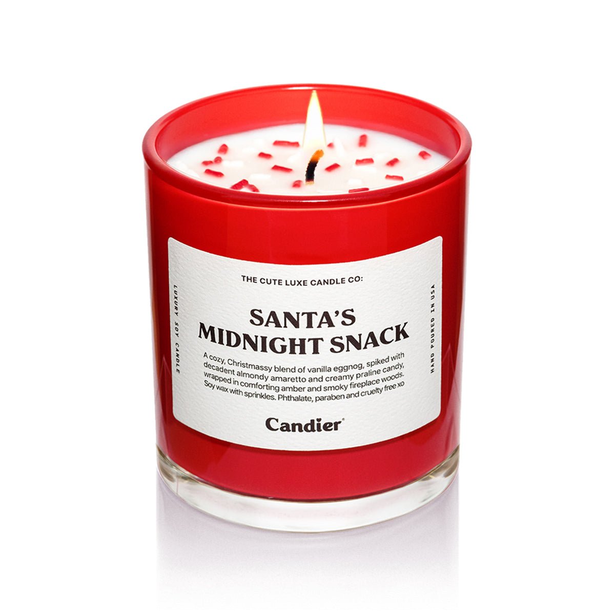 Candier Santaās Midnight Snack ā luxe Christmas candle, clean soy hand-poured; cute candle and best Secret Santa gifts pick.