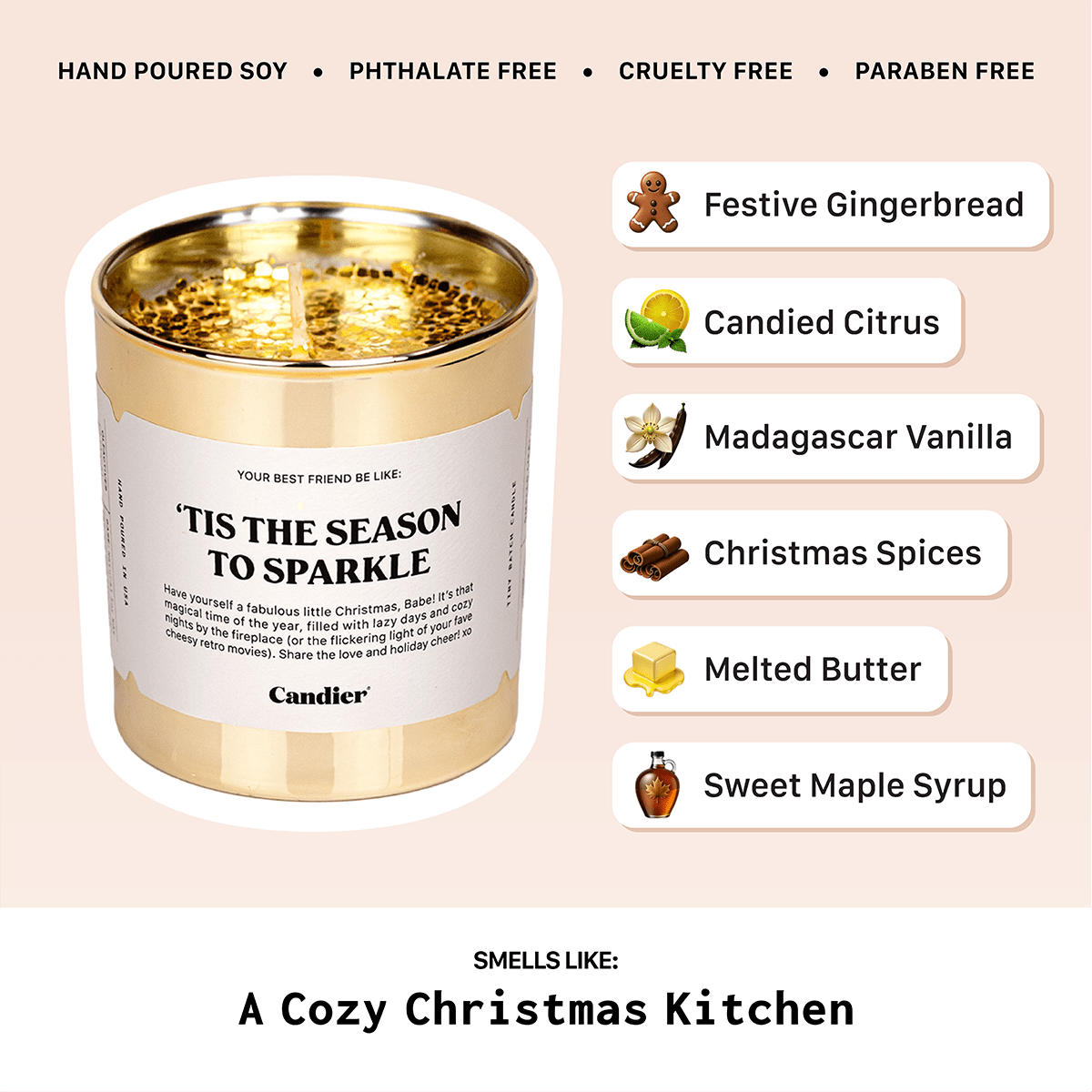 Scent notes for ’Tis The Season To Sparkle (festive cinnamon, citrus, vanilla, maple) — cozy cinnamon candle and classic holiday candles.