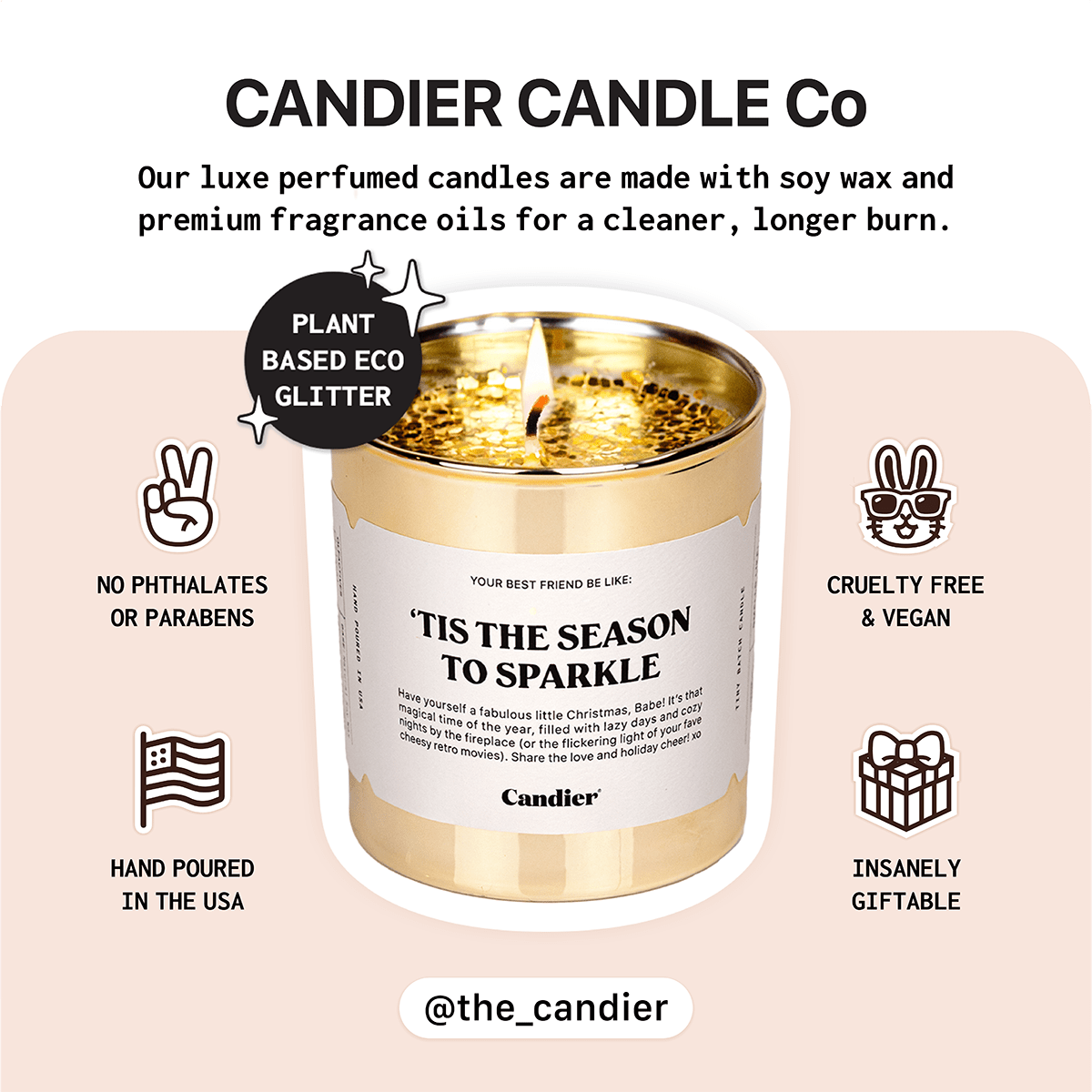 ’Tis The Season To Sparkle styled for gifting — warm cinnamon candle that shines as best Secret Santa gifts or 12 days of Christmas gifts.
