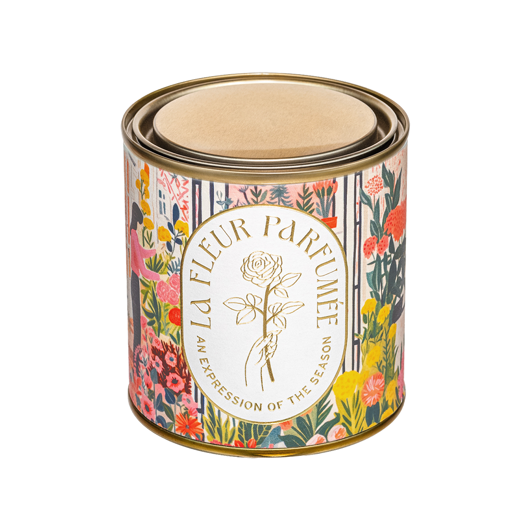 Luxe Aesthetic floral tin candle with lid from Candier with gold tone and vibrant NYC flower boutique inspired artwork