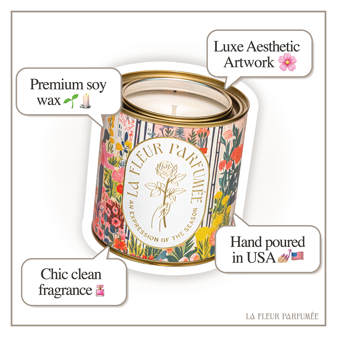 Candier floral candle with clean burning soy wax, chic modern aesthetic, and cruelty-free ingredients