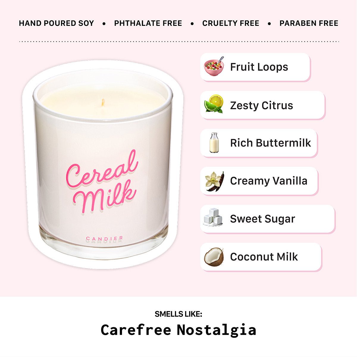 Candier Cereal Milk Candle scent notes include fruit loops, creamy vanilla, coconut milk, and sugar. A playful fruit loop candle for luxe aesthetics and candycore lovers.