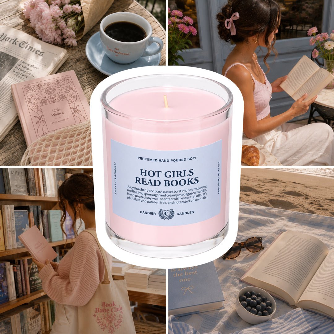 Hot Girls Read Books candle styled with books and coffee, a cute gift for college girls and book lovers