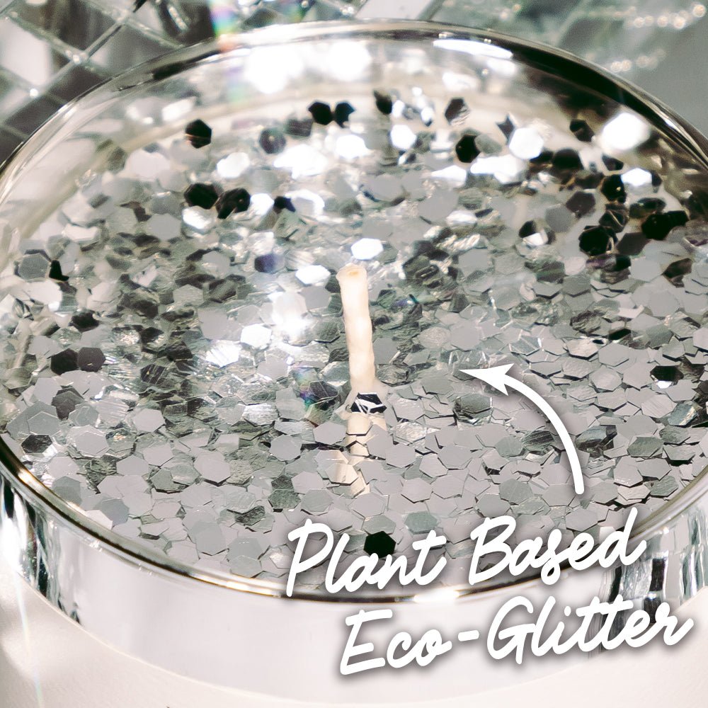 Close-up of plant-based eco glitter on Candier Fabulous Lil Christmas — shimmering christmas candles perfect for christmas gift teens.