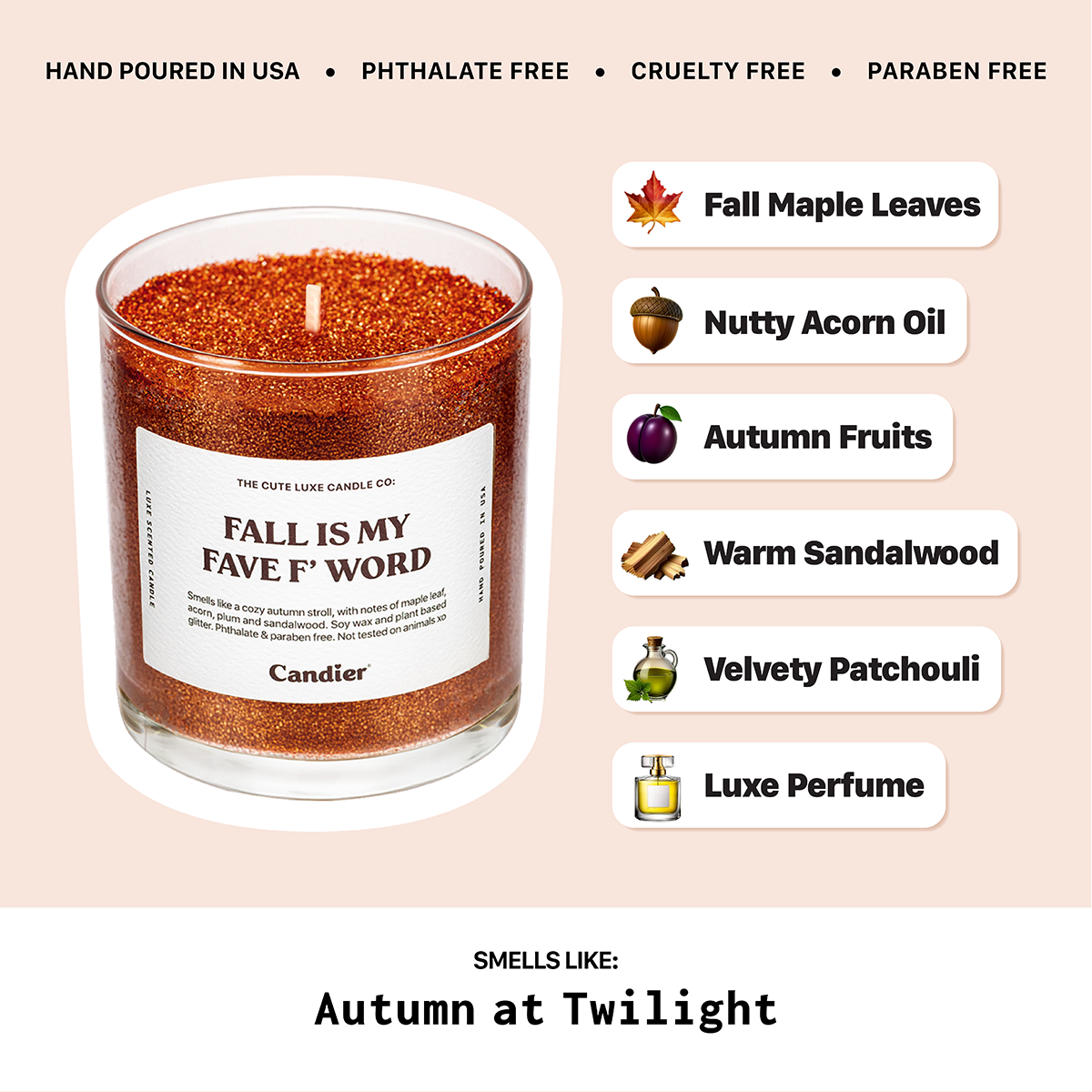 Non toxic fall candles with luxe aesthetics, Candier’s Fall Is My Fave F Word cozy cashmere candle with autumn fragrance notes.