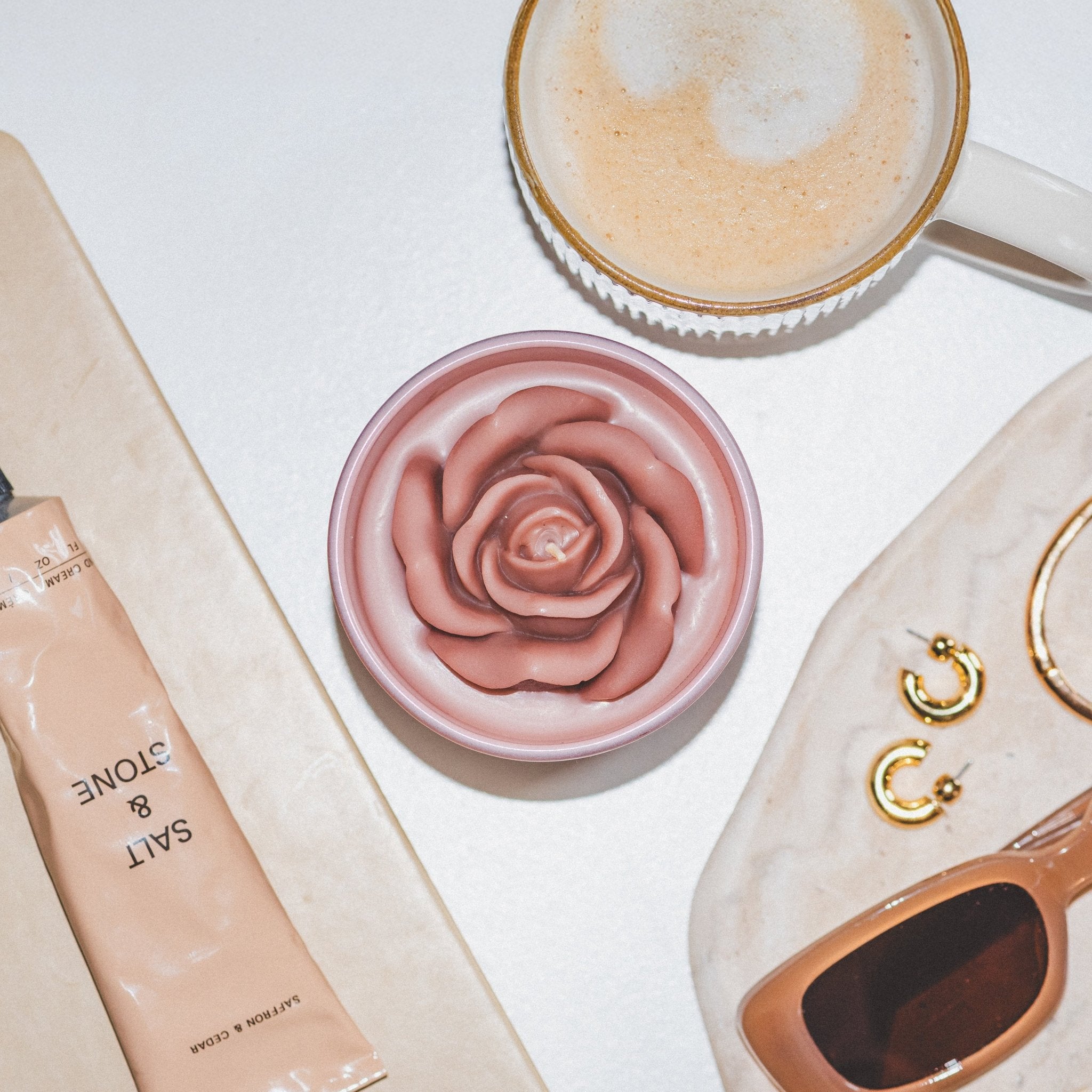 Flower candle flat lay with soft neutral tones, a cute candle and luxury candle perfect for gifts for her and aesthetic decor