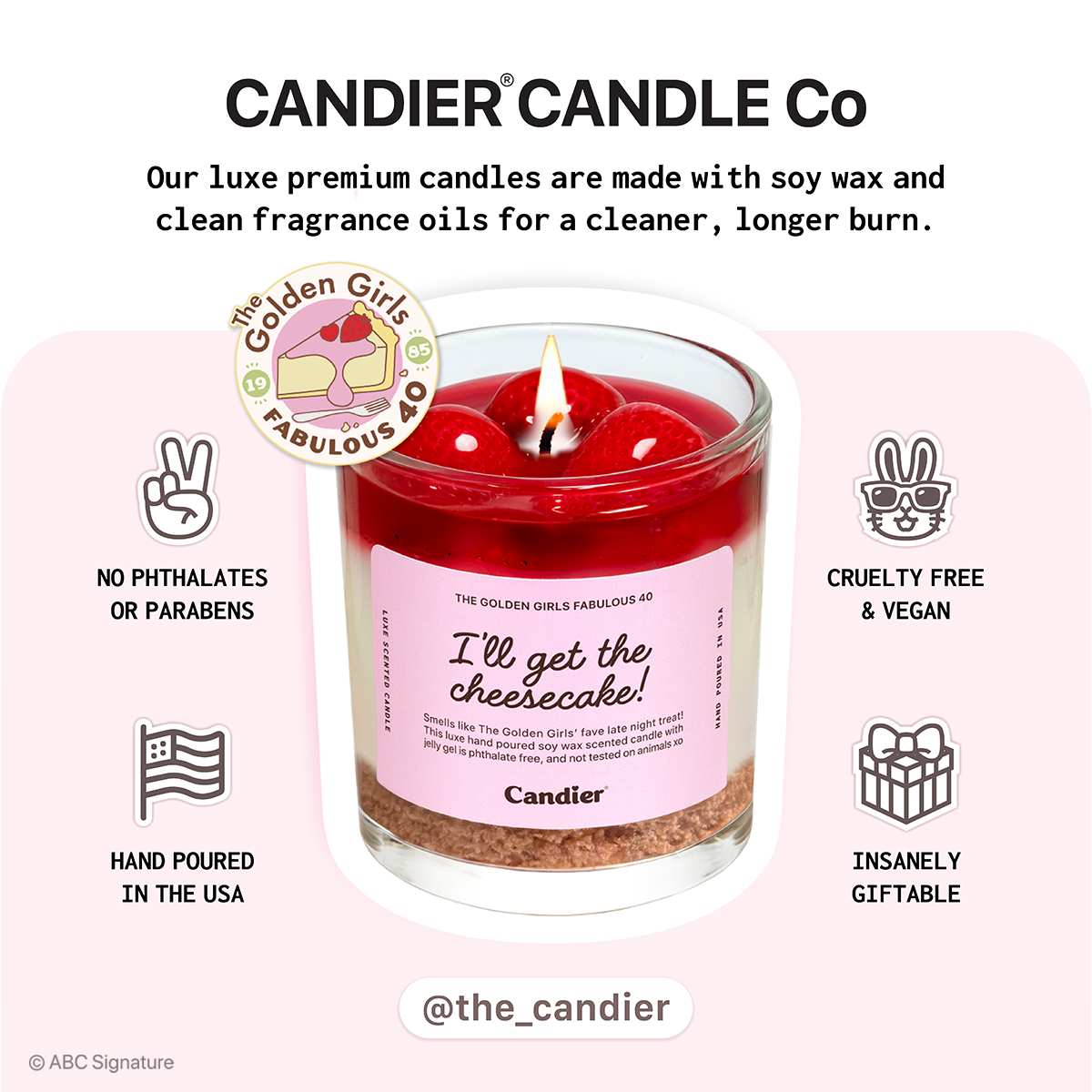 Golden Girls candle styled with cheesecake slice — Dessert candles designed as Golden Girls gifts and unique Golden Girls merchandise. Pretty candles for luxe aesthetics.