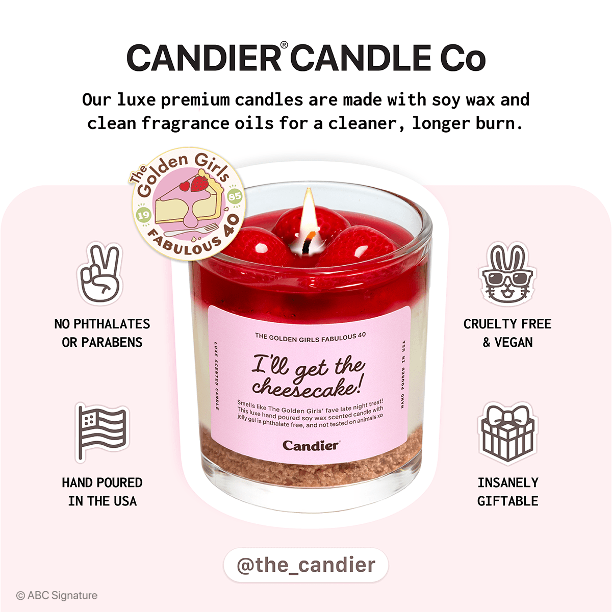 Golden Girls candle styled with cheesecake slice — Dessert candles designed as Golden Girls gifts and unique Golden Girls merchandise. Pretty candles for luxe aesthetics.