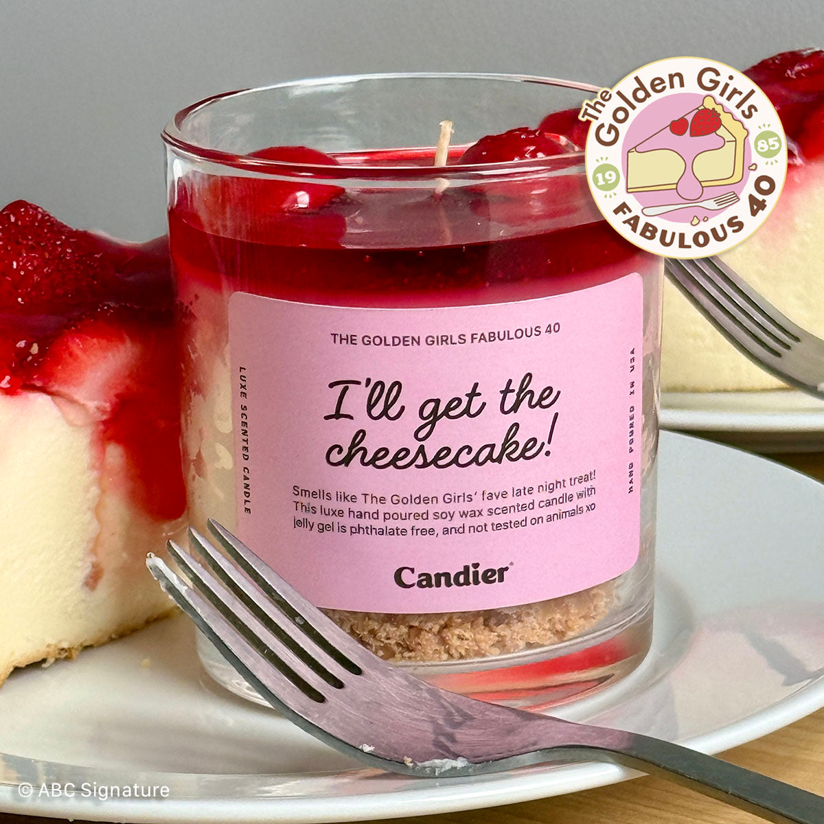Golden Girls cheesecake candle with spoon — Candier candles in cute aesthetic dessert style, food scented candles that make perfect Golden Girls gifts and unique gifts for mom.