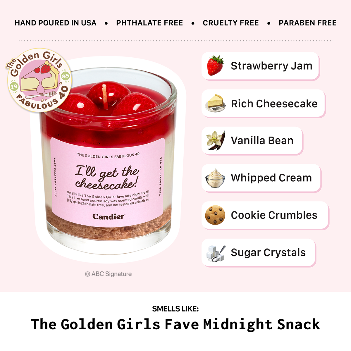 Golden Girls candles fragrance notes — Candier candles with rich cheesecake, vanilla bean, whipped cream, and cookie crumbles. Cute aesthetic and luxe aesthetics.