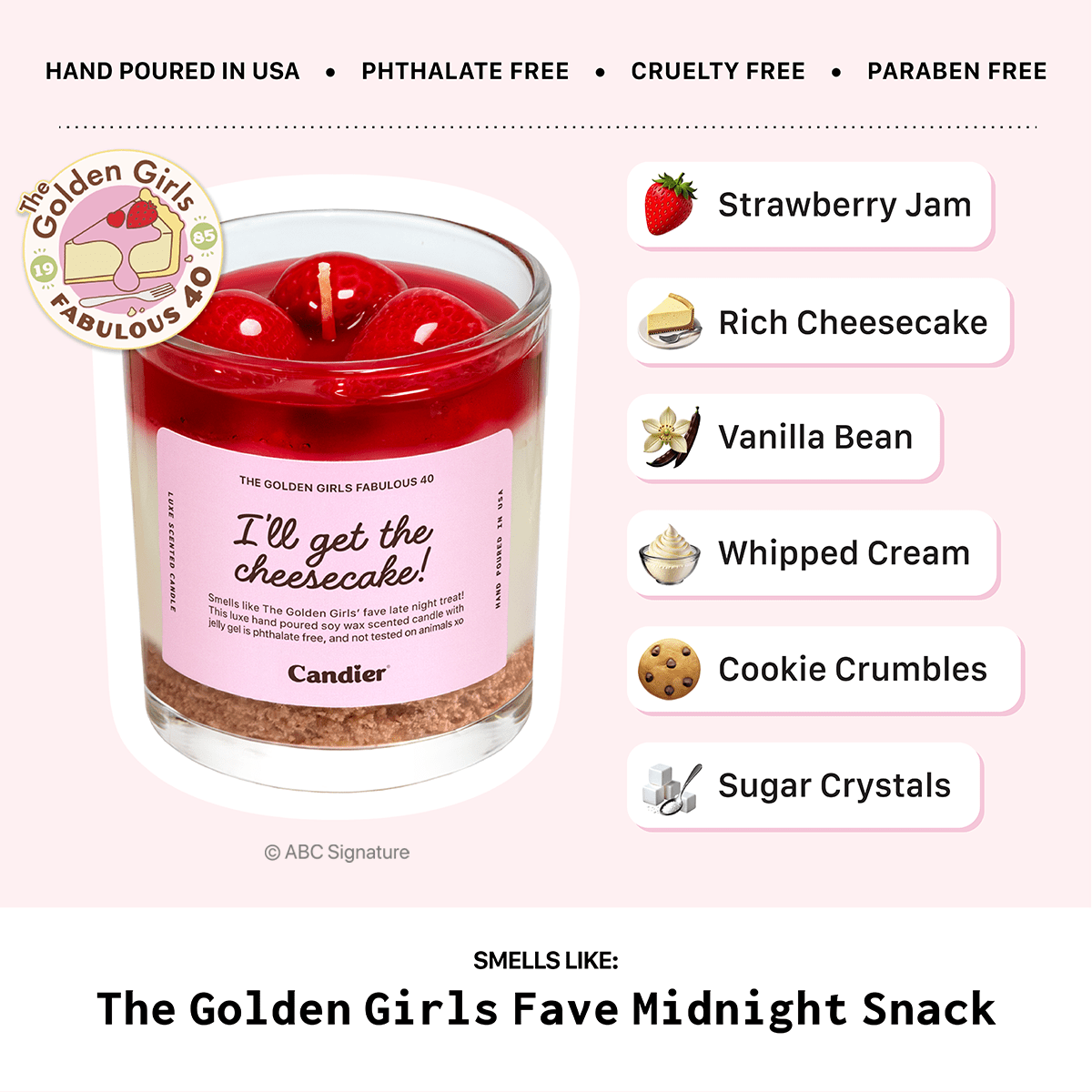 Golden Girls candles fragrance notes — Candier candles with rich cheesecake, vanilla bean, whipped cream, and cookie crumbles. Cute aesthetic and luxe aesthetics.