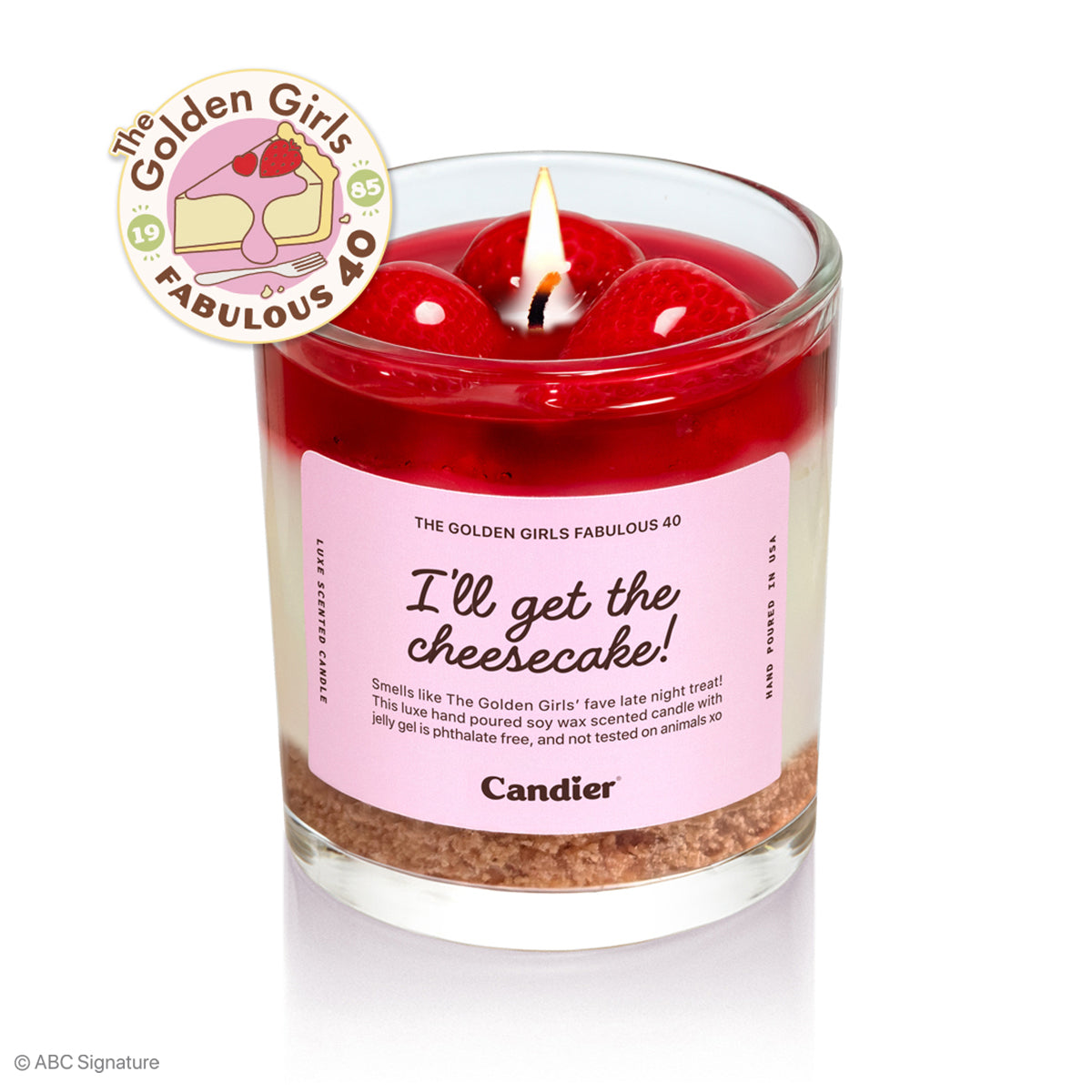 Golden Girls candle I'll Get The Cheesecake with strawberry shortcake aesthetic — Candier® luxe dessert candle featuring strawberry jam topping, perfect Golden Girls gifts and unique gifts for mom.