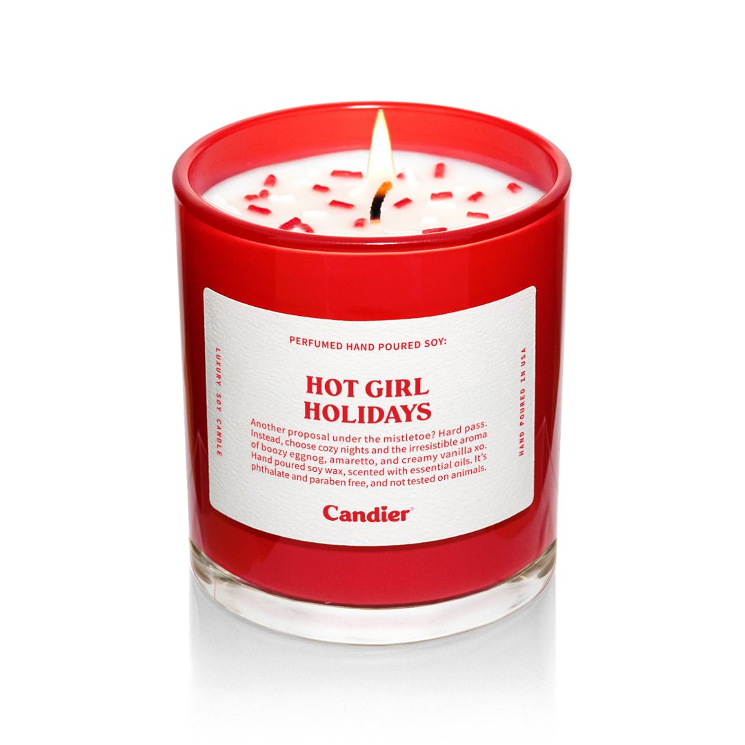 Hot Girl Holidays Christmas candle with red glass, white wax and festive sprinkles – Christmas scented candle by Candier