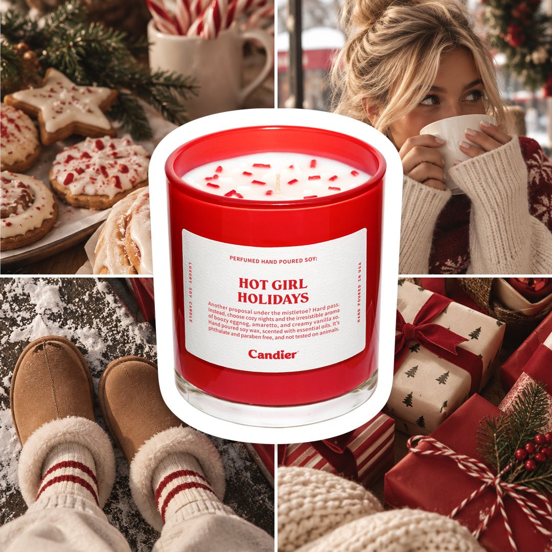 Hot Girl Holidays Christmas candle with cozy holiday mood board – unique Christmas gift for friends, sisters and teens