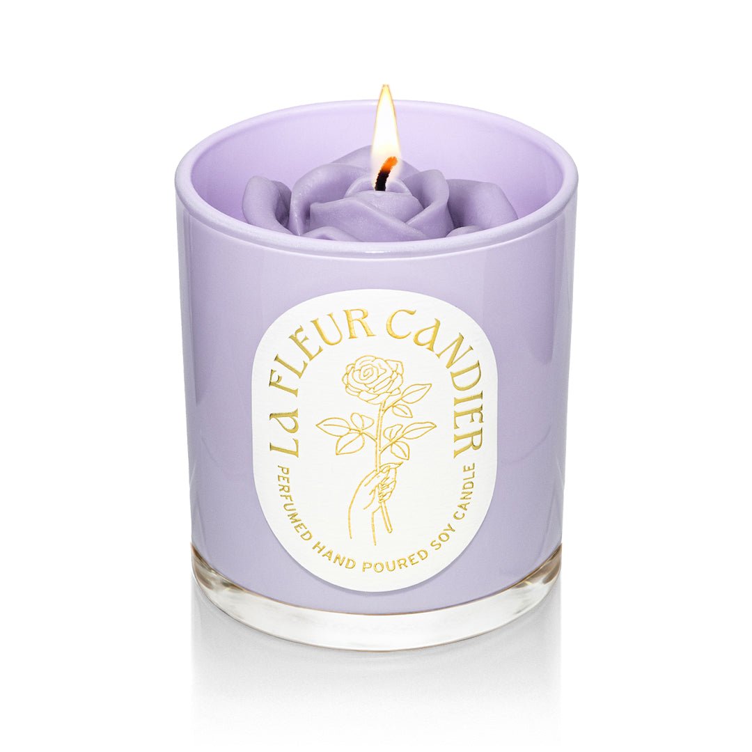 Jasmine Sambac flower candle by Candier candles in purple glass, a luxury floral candle with soft girl aesthetic, cute candle and gift for her
