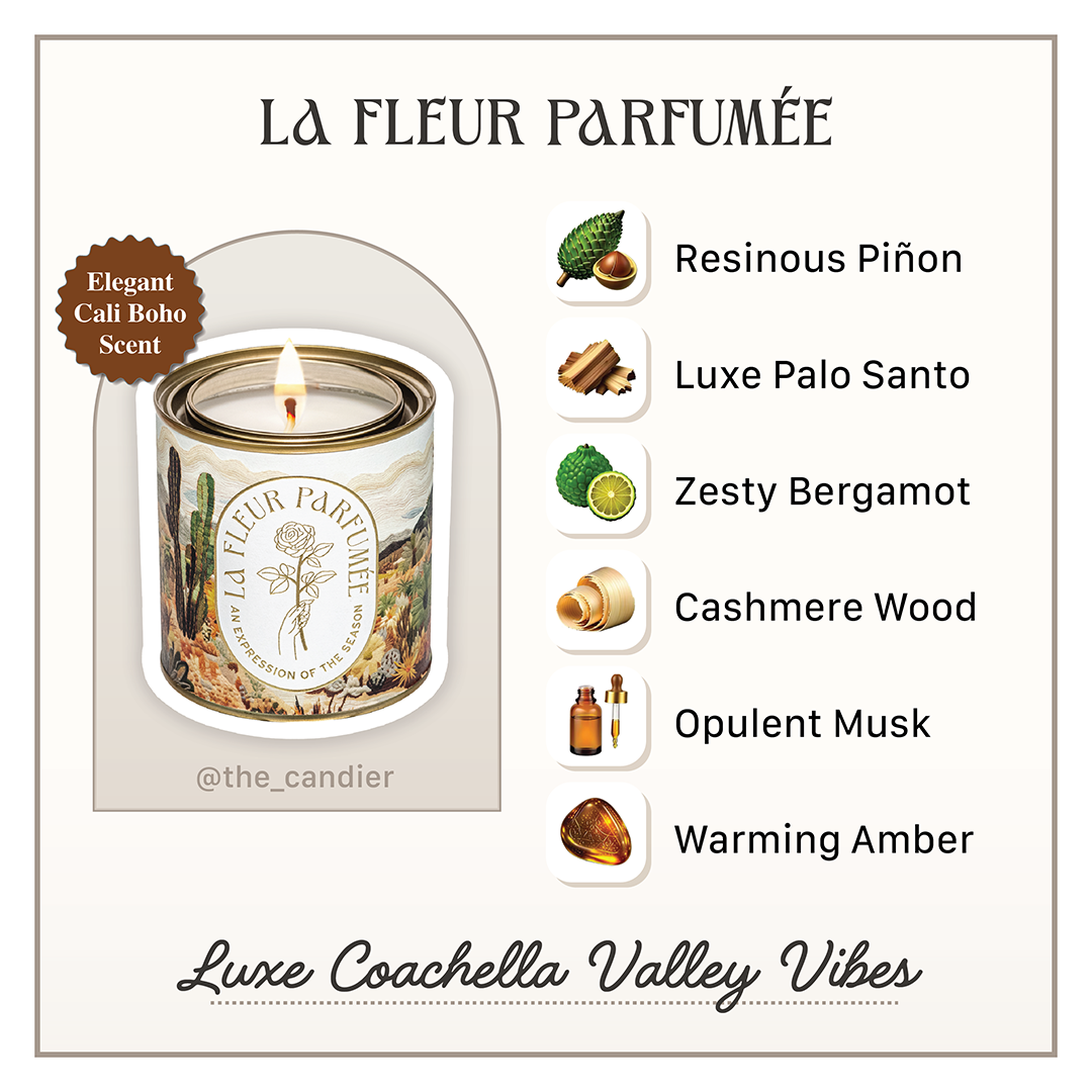 Coachella weekend inspired fragrance notes include zesty bergamot, opulent musk, palo santo, and warming amber in this fancy candle for earthy scent lovers.