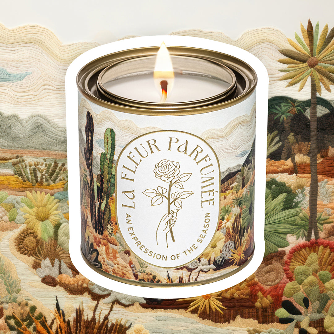Earthy candle with desert aesthetic artwork, perfect for home luxury scents and clean burning candles.