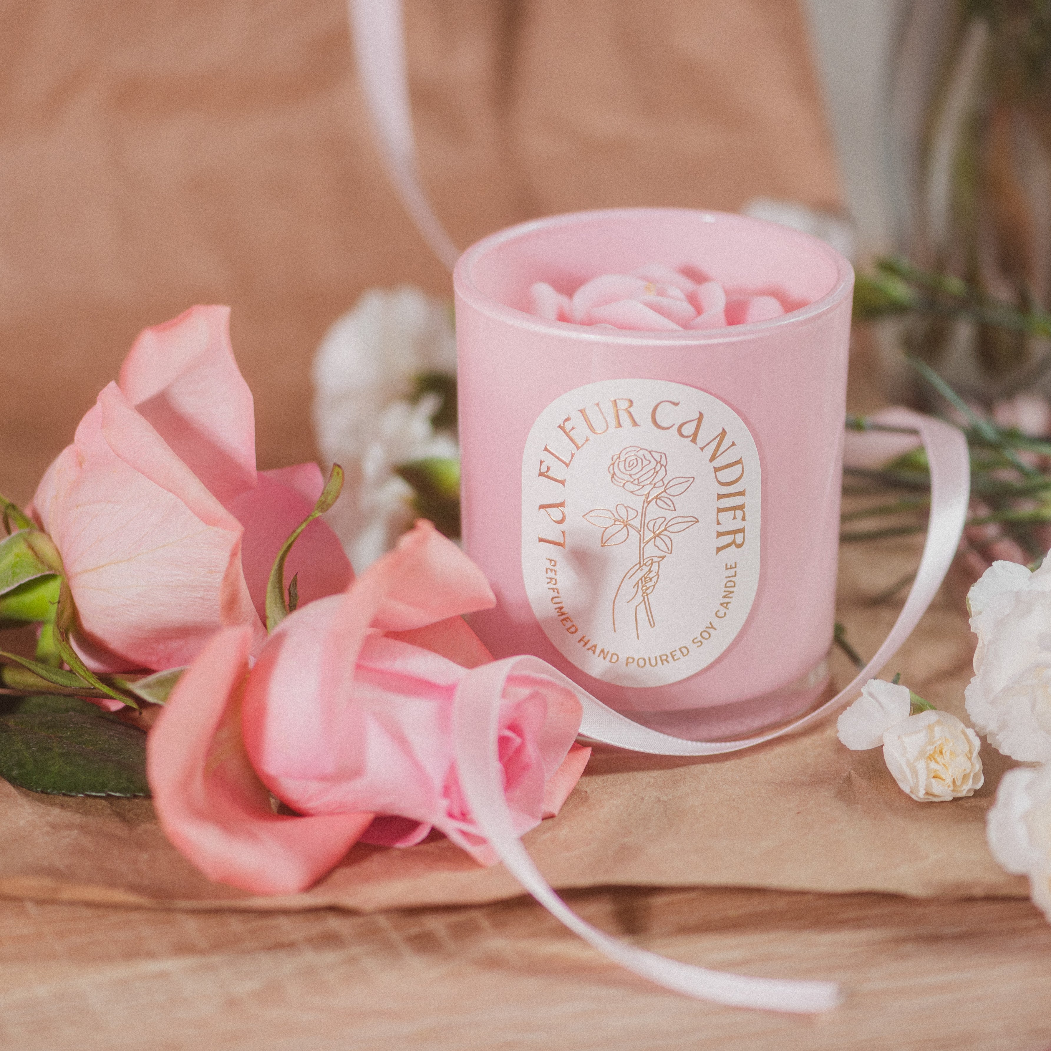 Luxury pink candle with sculpted flower wax, a pretty candle with floral scent perfect for cute room decor and gifting