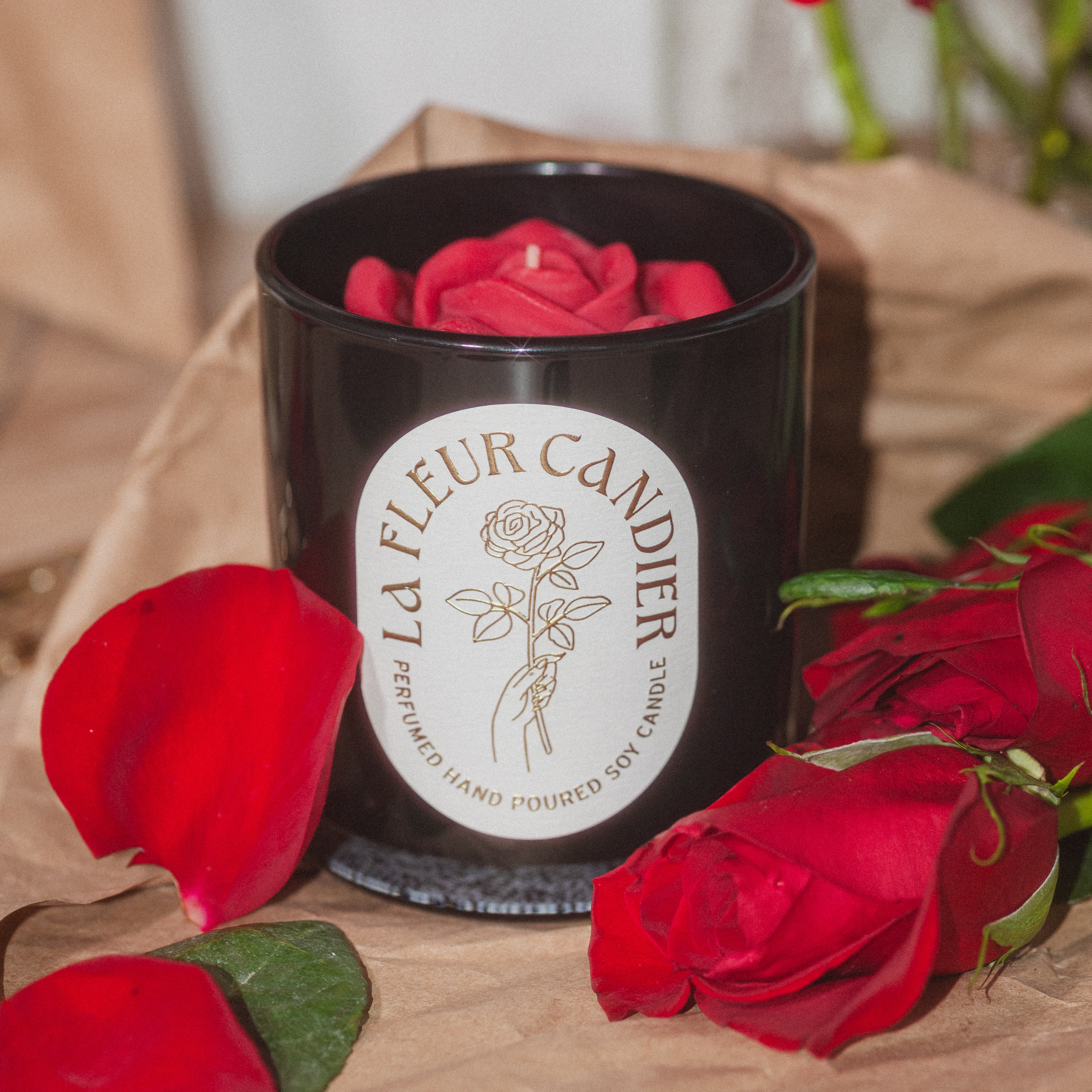 Luxury rose candle in black glass, elegant flower candle with floral scents, a pretty candle for aesthetic home decor and gifting