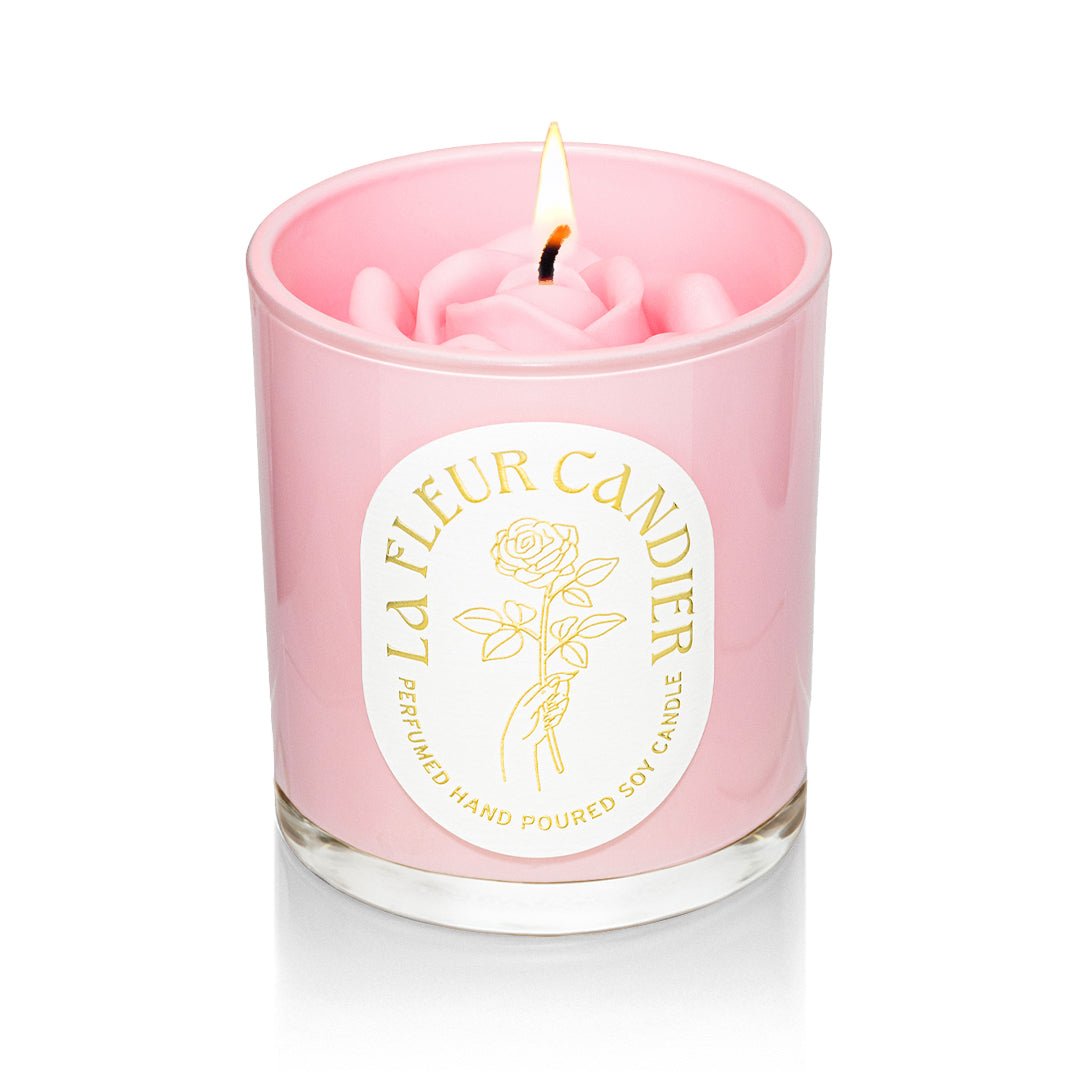 Magnolia Nectar flower candle in pink glass by Candier, a luxury pink candle with floral scent, cute candle and gift for her with soft girl aesthetic